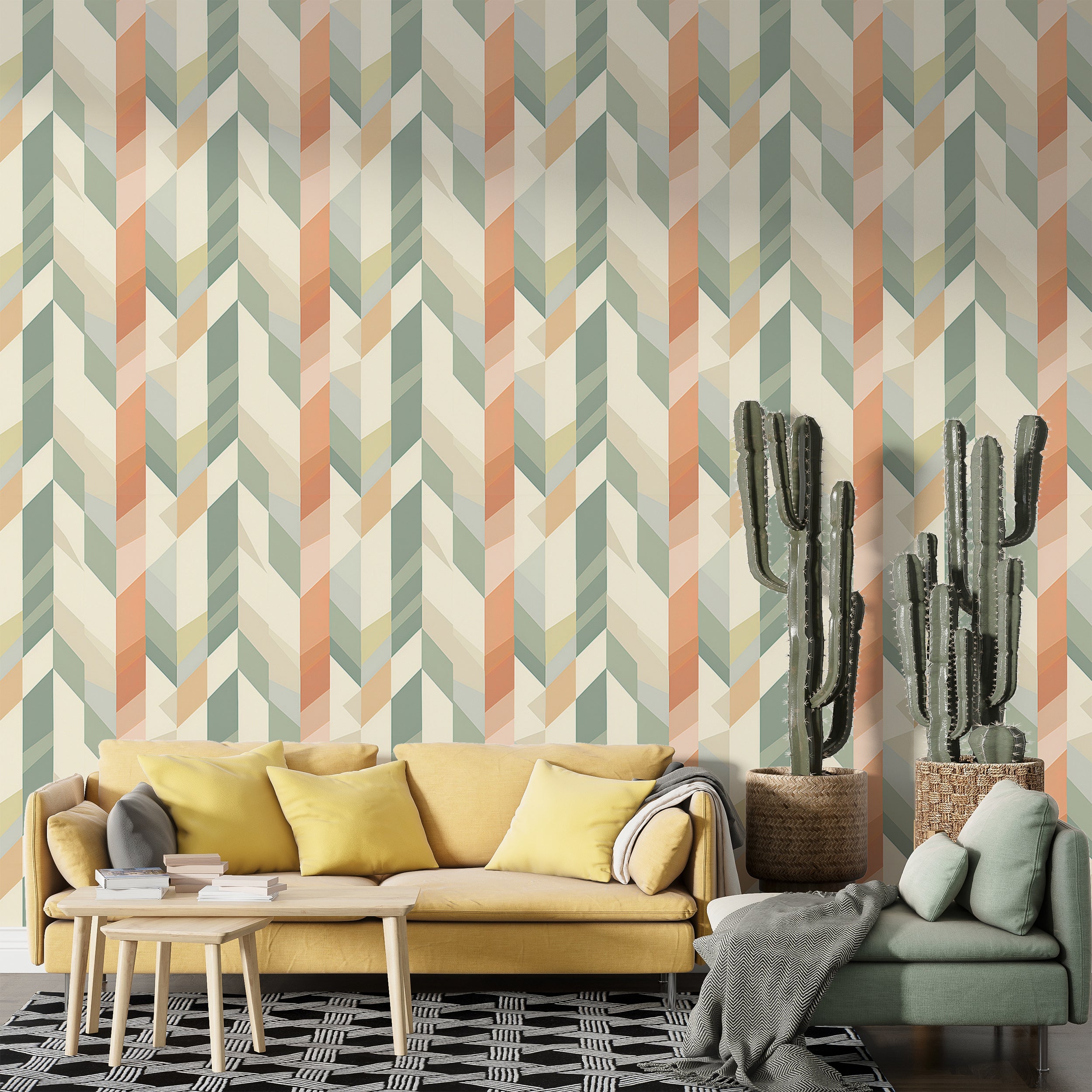 Abstract Geometrical Wallpaper in Pastel Colors, Peel and Stick Soft Green and Beige Modern Wallpaper, Removable Abstract Striped Wall Decor