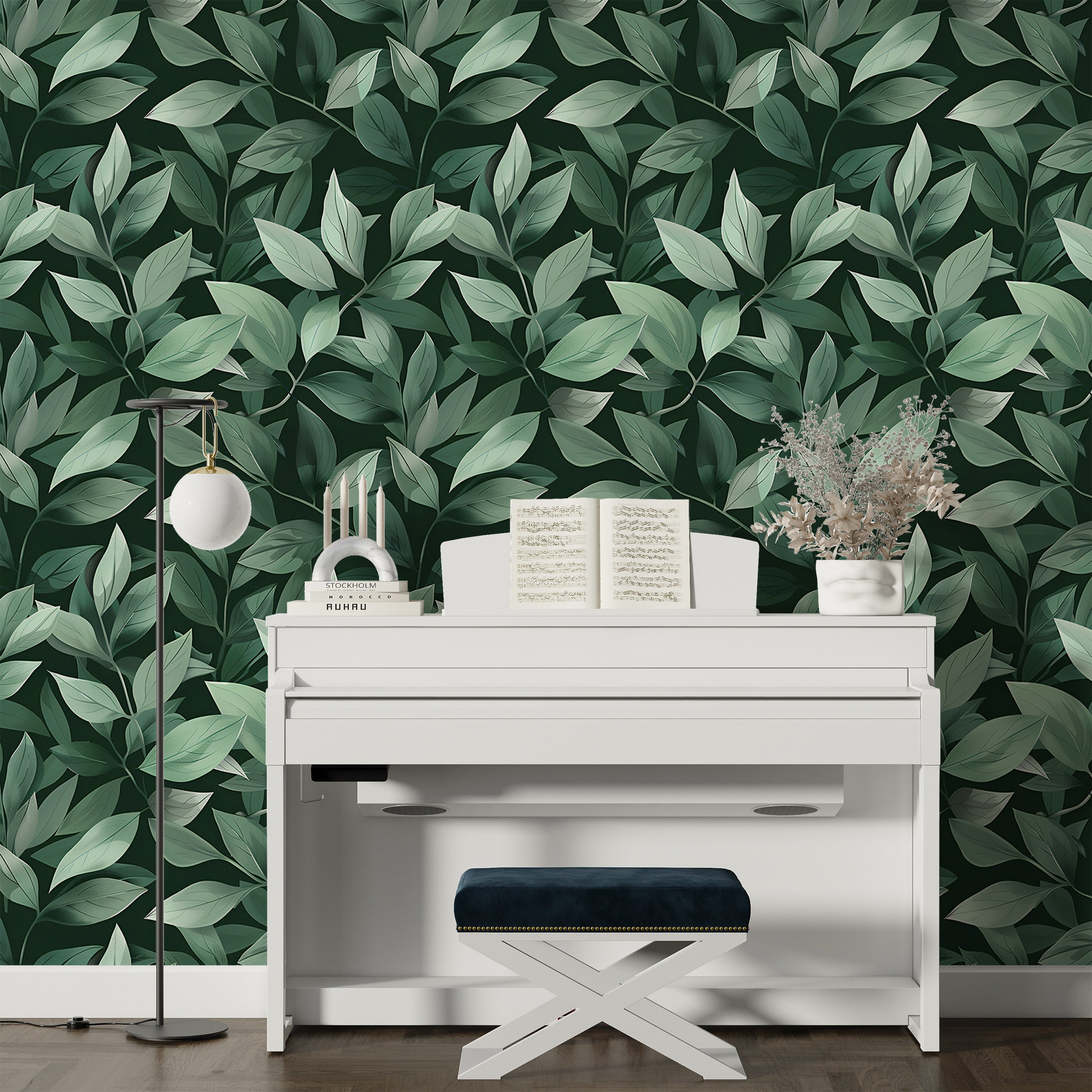 Green Leaves Wallpaper, Peel and Stick Greenery Wall Decor, Removable Dark Green Botanical Wallpaper, Tree Leaves Pattern Wallpaper