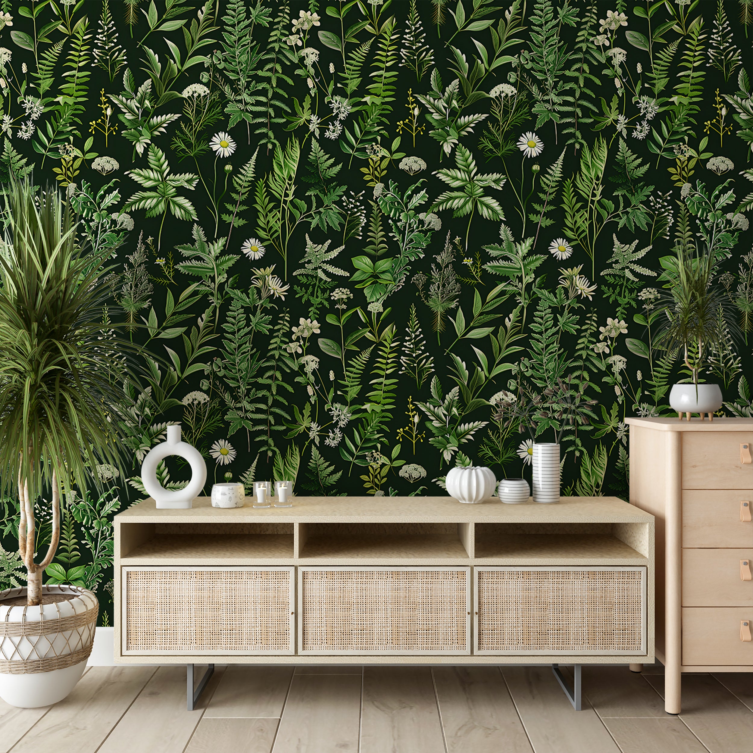 Dark Fern Wallpaper, Peel and Stick Greenery Wall Decor, Removable Black and Green Botanical Wallpaper, Green Fern Leaves Pattern