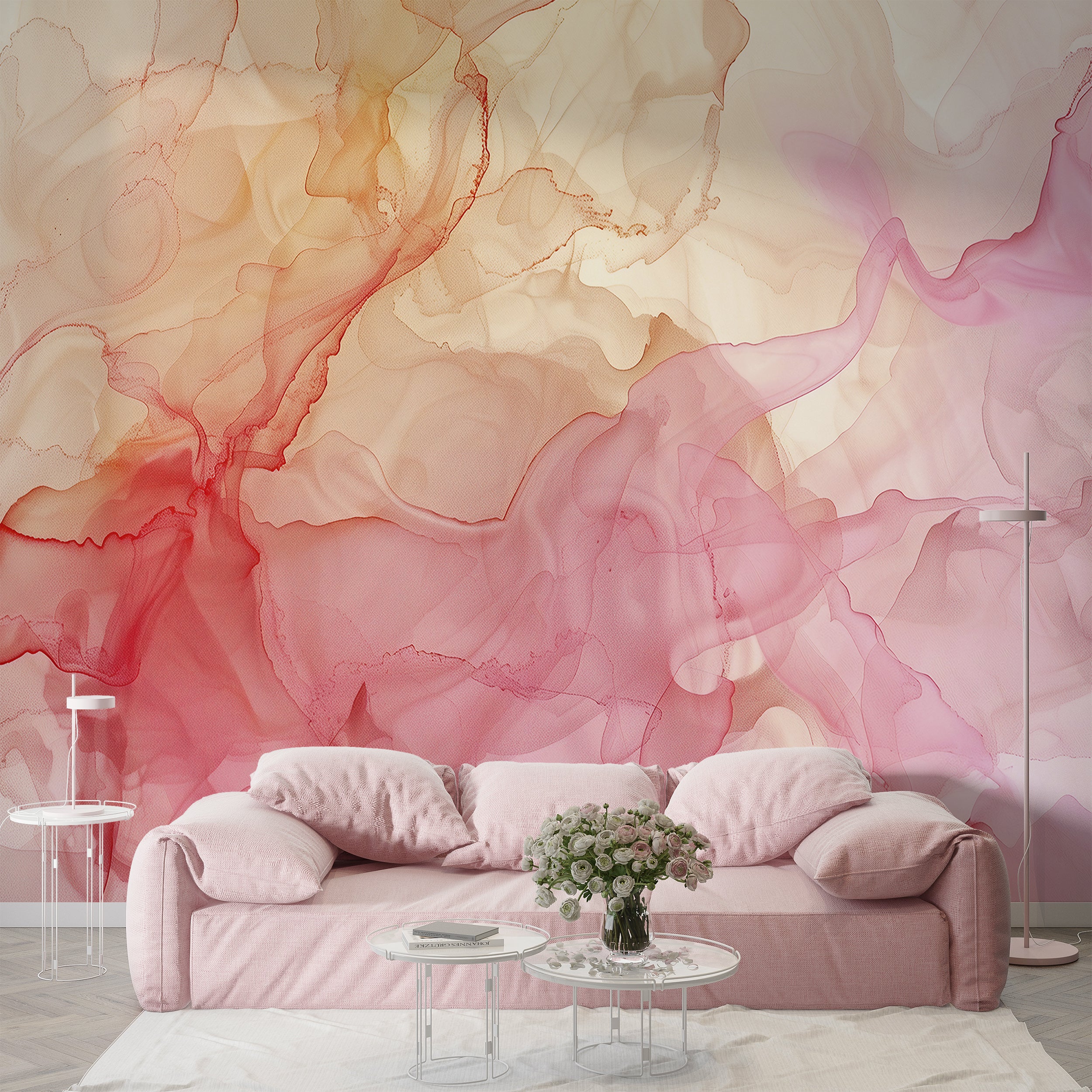 Soft Pink and Yellow Alcohol Ink Wall Mural, Peel and Stick Abstract Liquid Wallpaper, Removable Accent Wall Mural in Pastel Colors