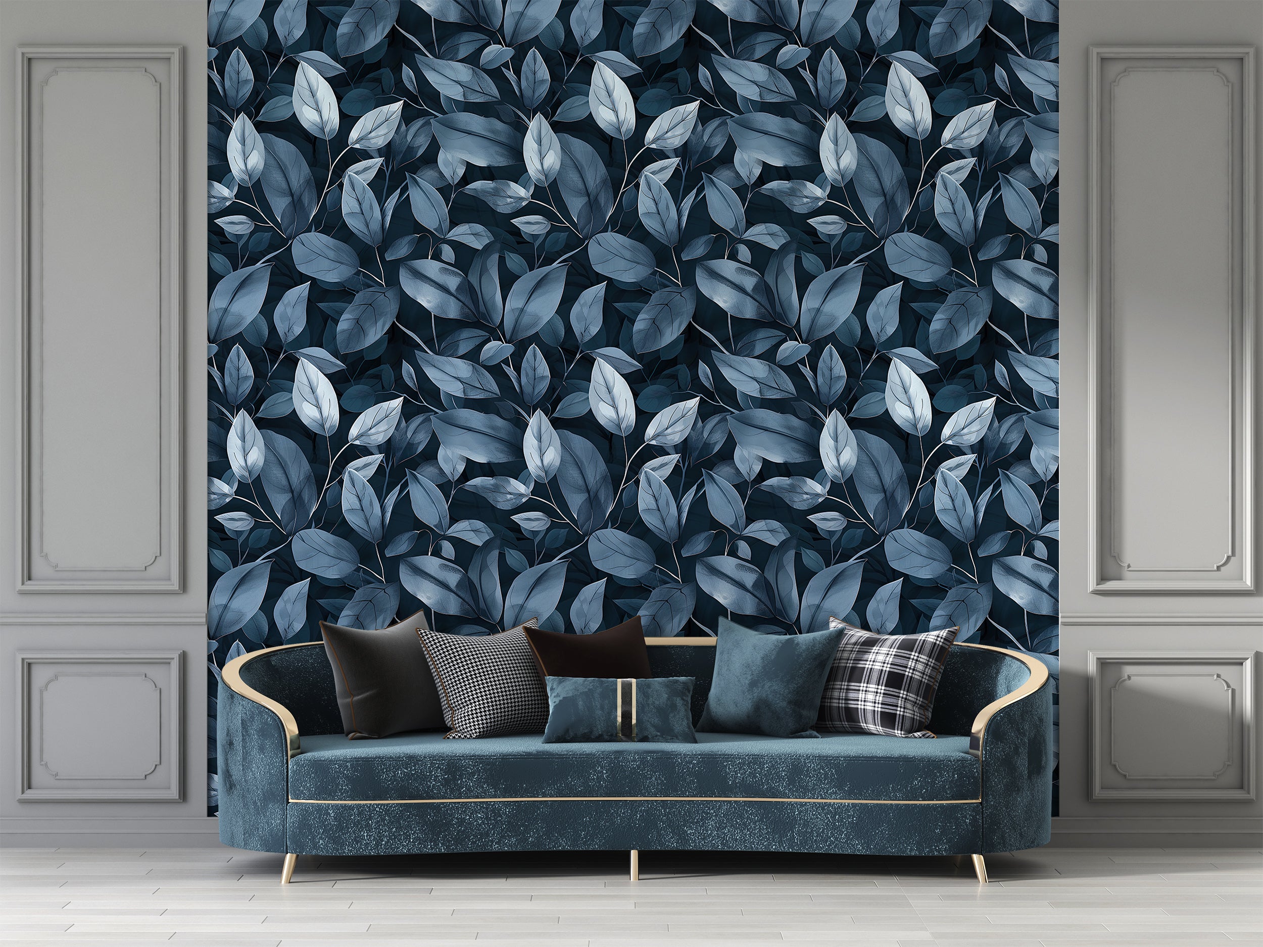 Large Scale Blue Leaf Pattern Wallpaper, Peel and Stick or Pre-pasted Dark Botanical Wallpaper, Accent Wall Vibrant Navy Blue Art