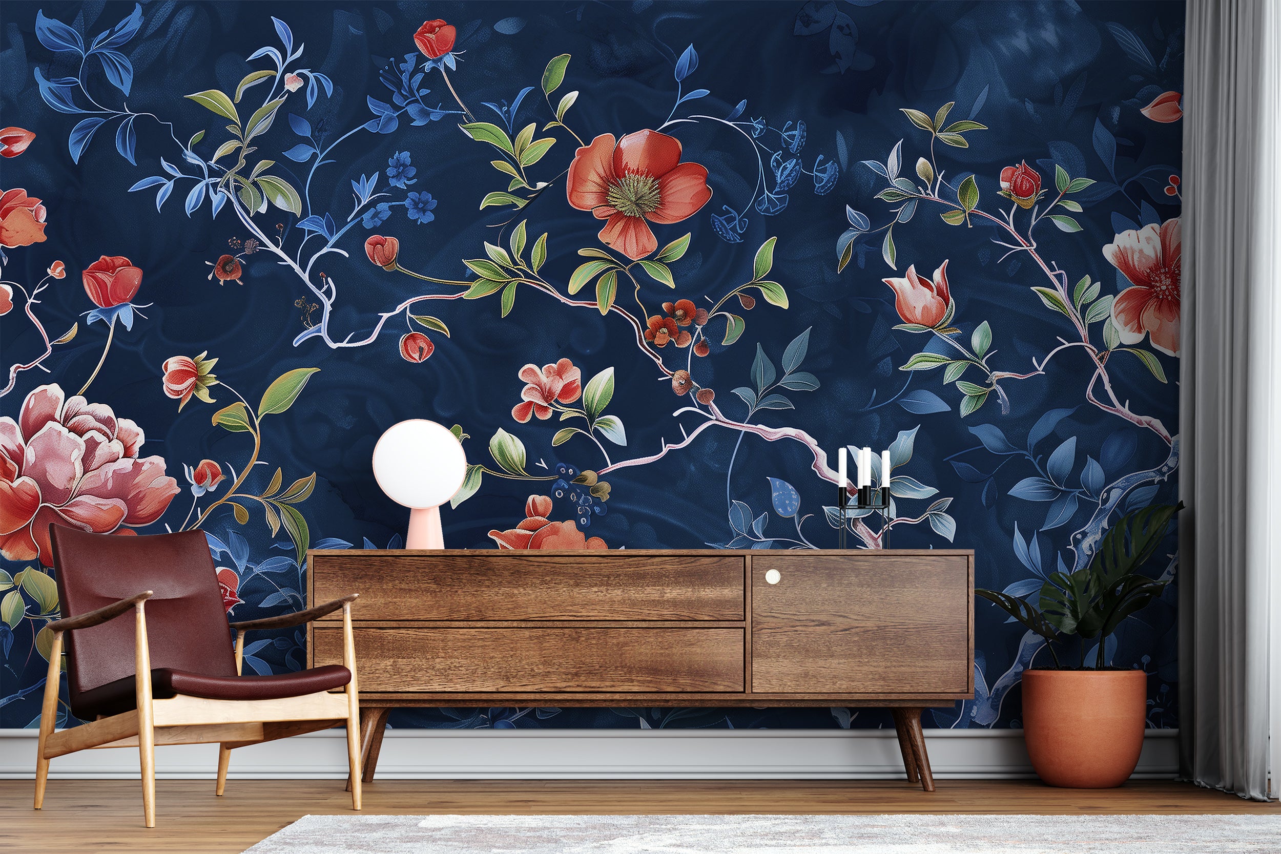 Dark Blue Floral Mural, Peel and Stick Blue Chinoiserie Wallpaper, Red Flowers on Dark Blue Background Art, Removable Flower Branch Decor