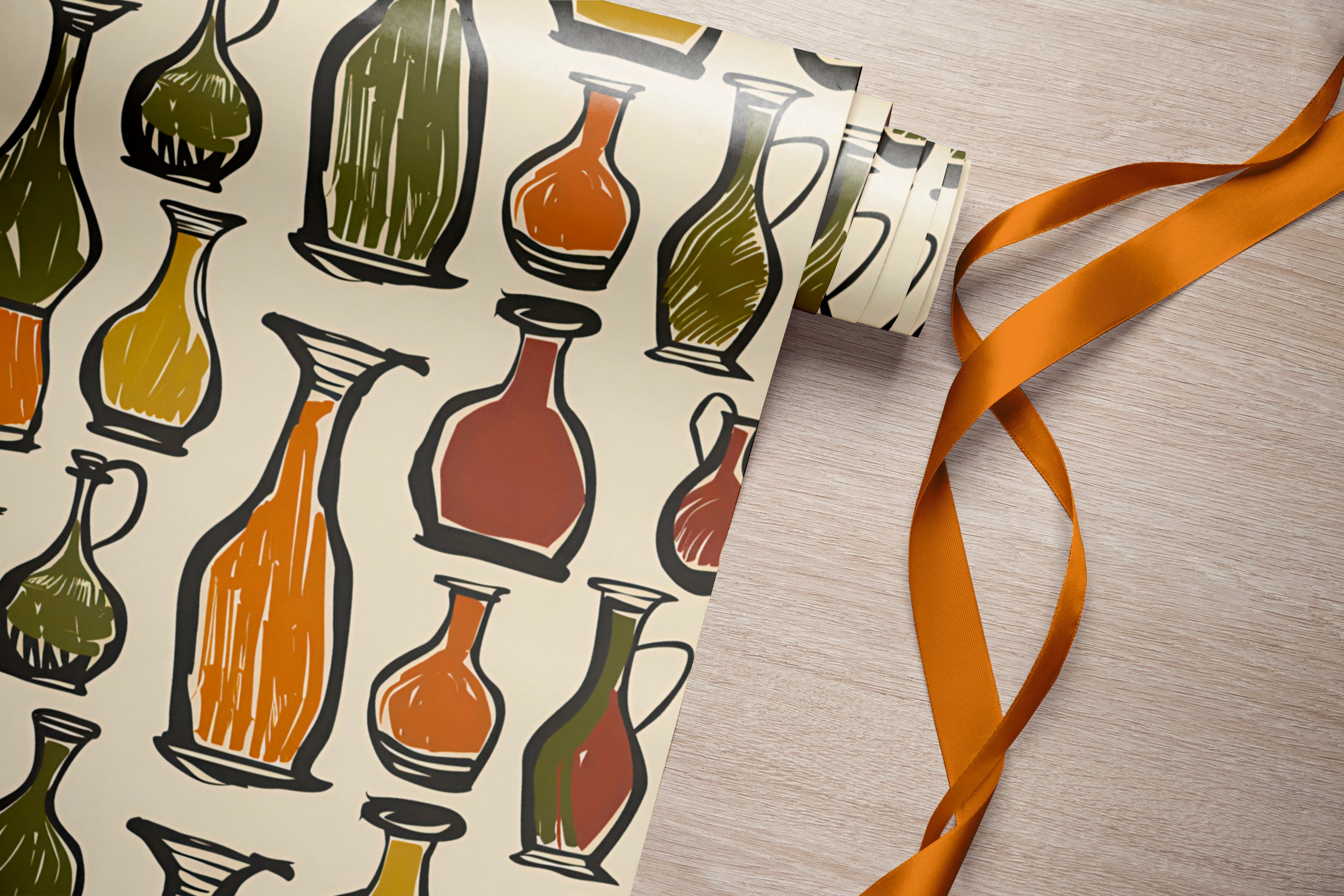 Colorful Vases and Bottles Wallpaper, Peel and Stick Abstract Accent Wallpaper, Green and Orange Modern Art