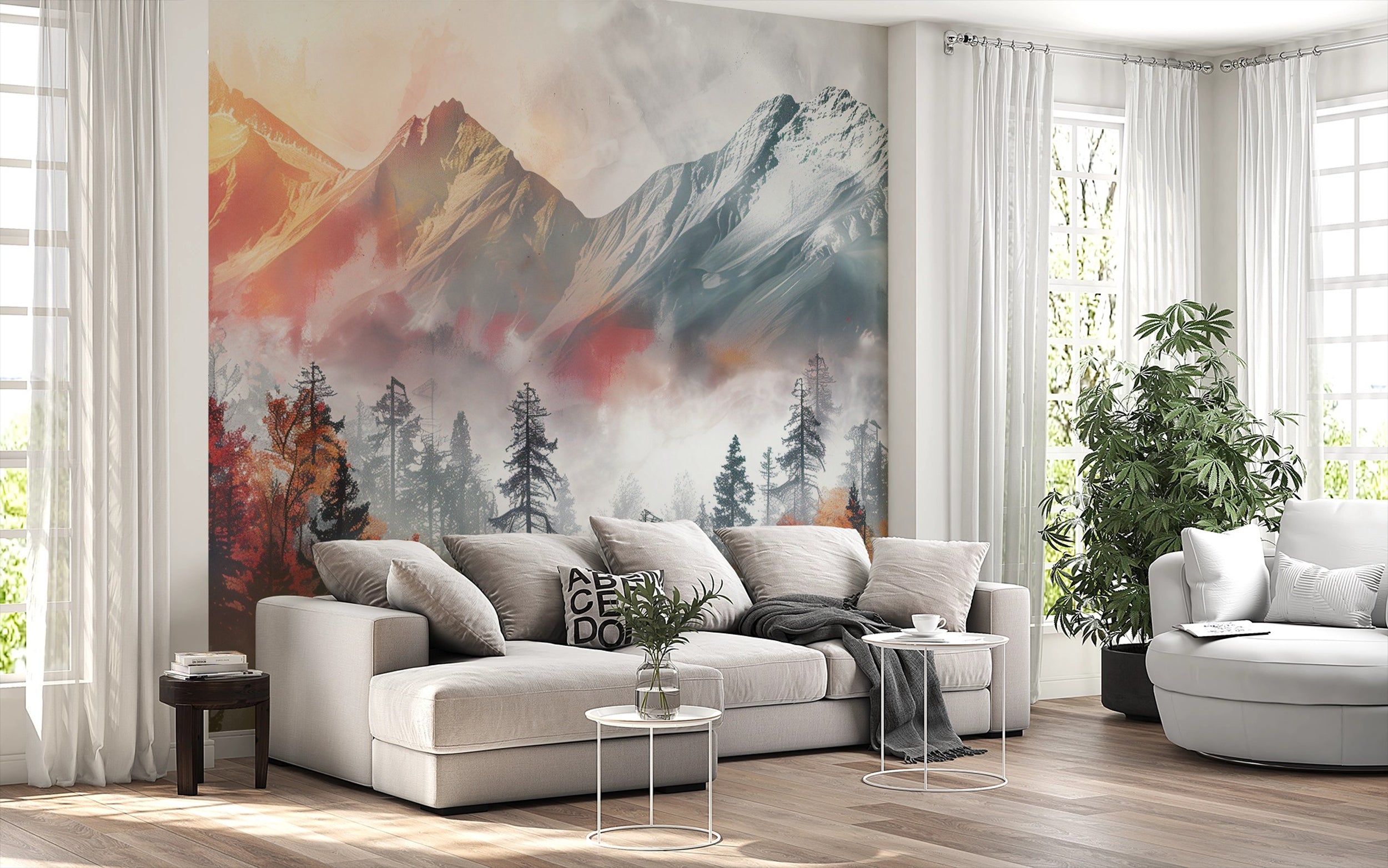 Grey and Orange Mountains and Pine Forest Wall Mural, Peel and Stick Foggy Landscape Mural, Removable Sunset Mountain Decor