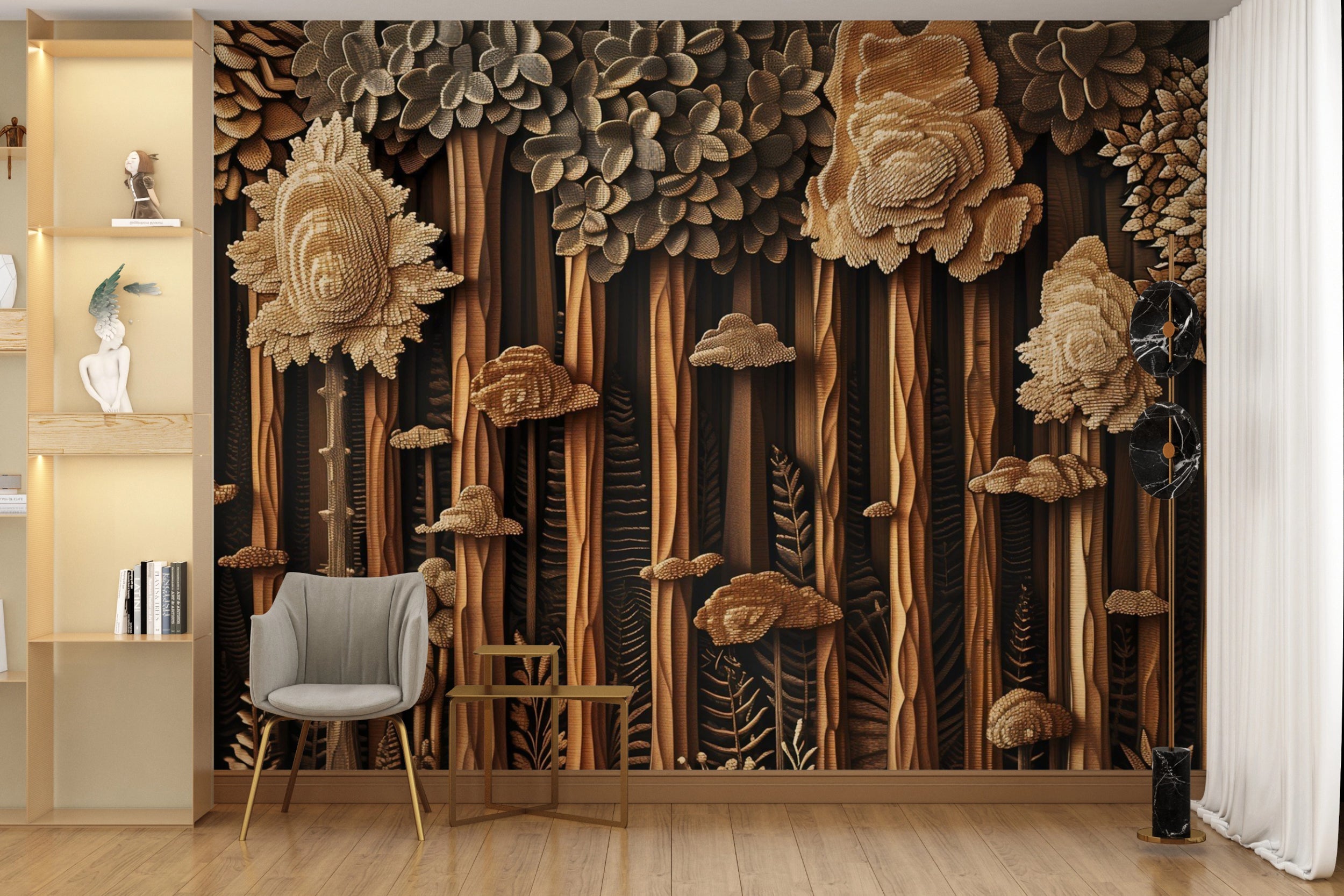 Wood Carving Style Forest Wall Mural, Peel and Stick Wooden Trees Wall Decor, Dark Brown Wooden Look Accent Wall Wallpaper