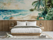 Coastal Mural, Peel and Stick Watercolor Paradise Beach Wallpaper, Ocean and Palm Tree Dreamy Wall Decor