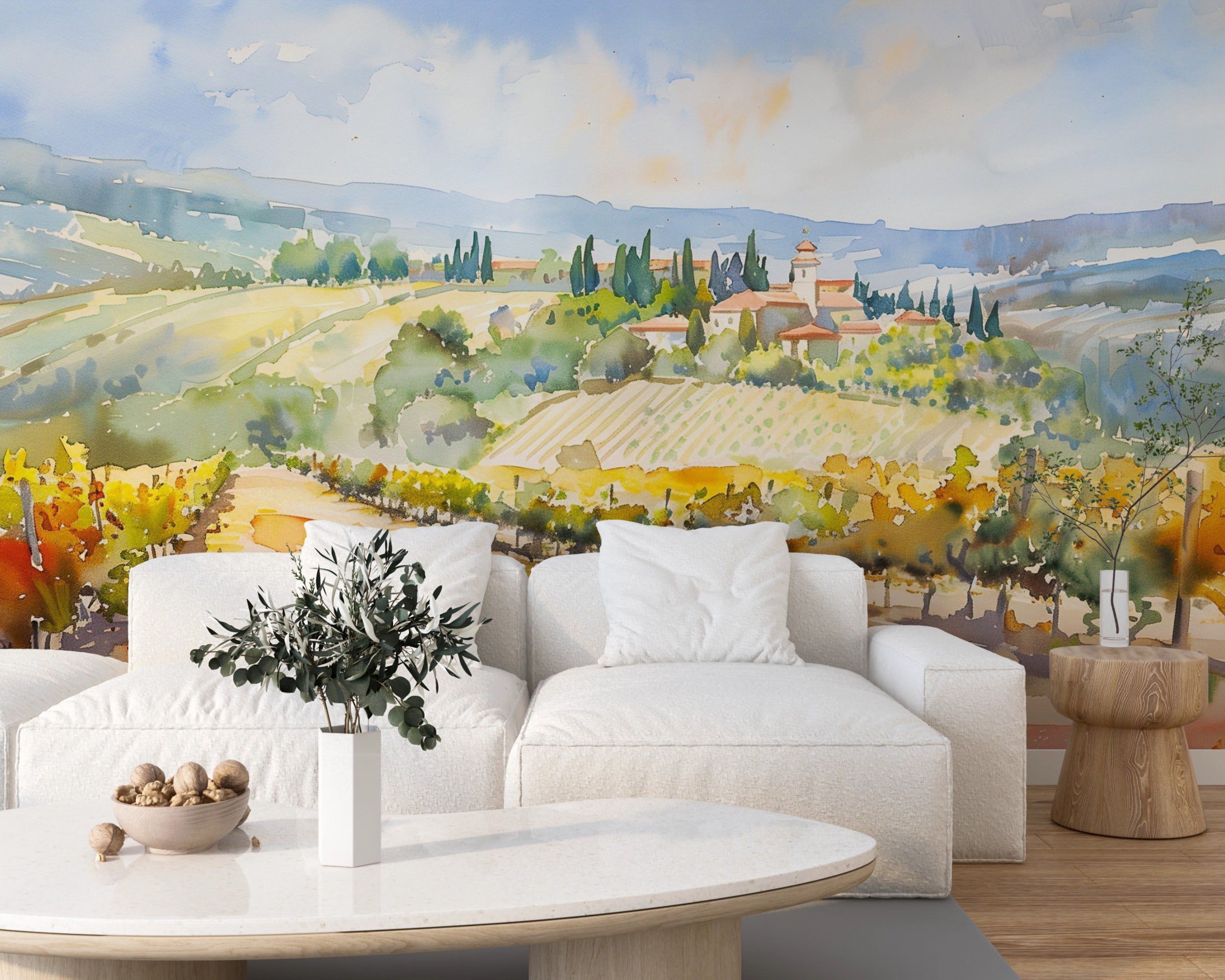 Watercolor Vineyard Wall Mural, Peel and Stick Italian Landscape Wallpaper, Field and House Scenic Removable Mural