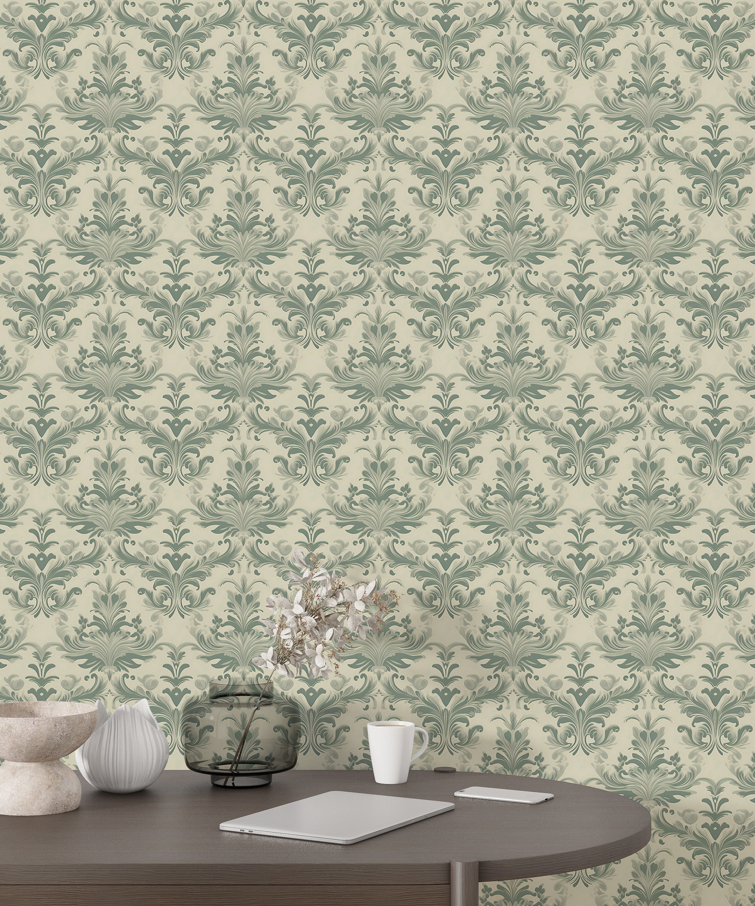 Classic Wallpaper | Traditional Wall Decal | Green and Beige Wallpaper | Vintage Peel and Stick Green Wallpaper | Removable Classic Wall Art