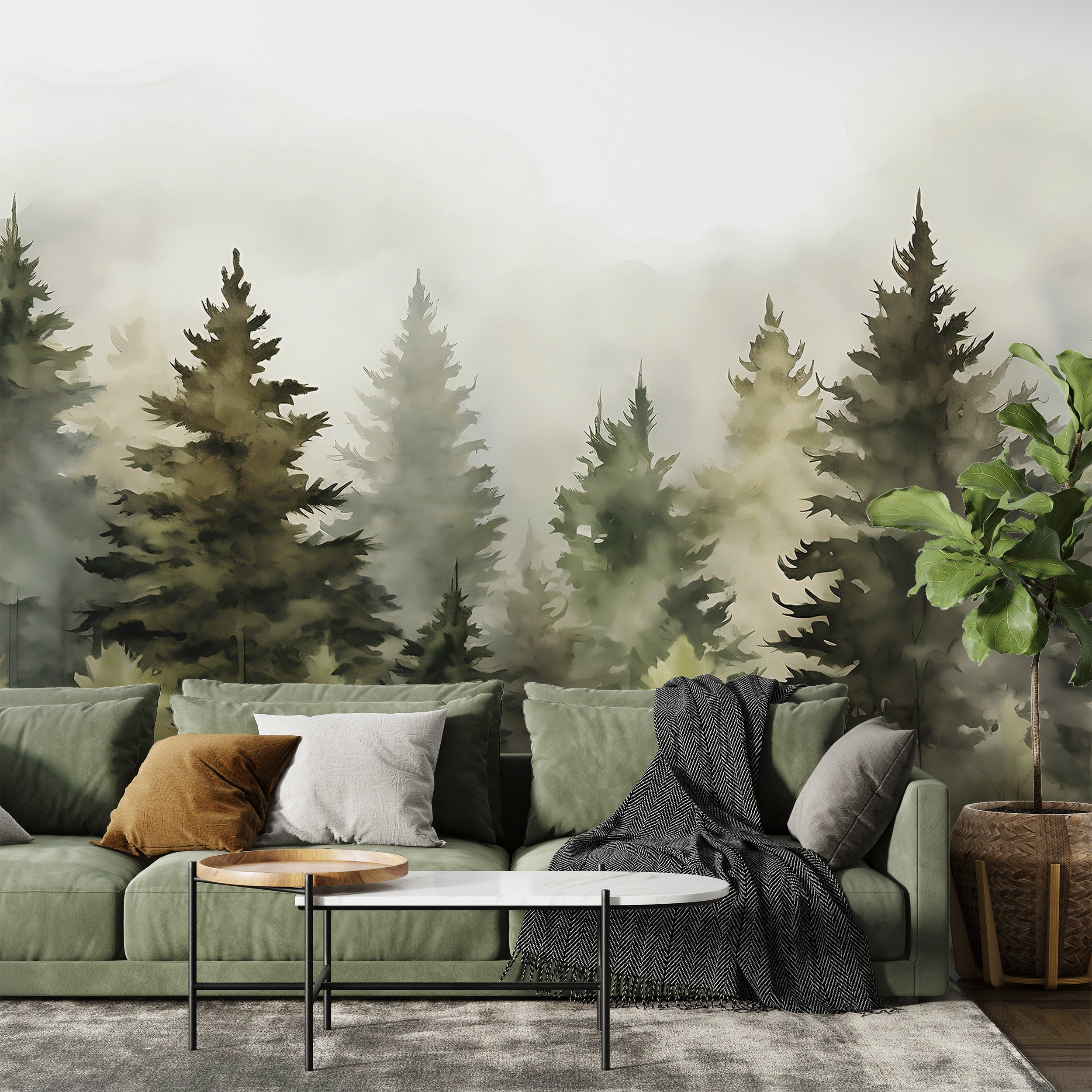 Pine Tree Mural for Serene Room Ambiance