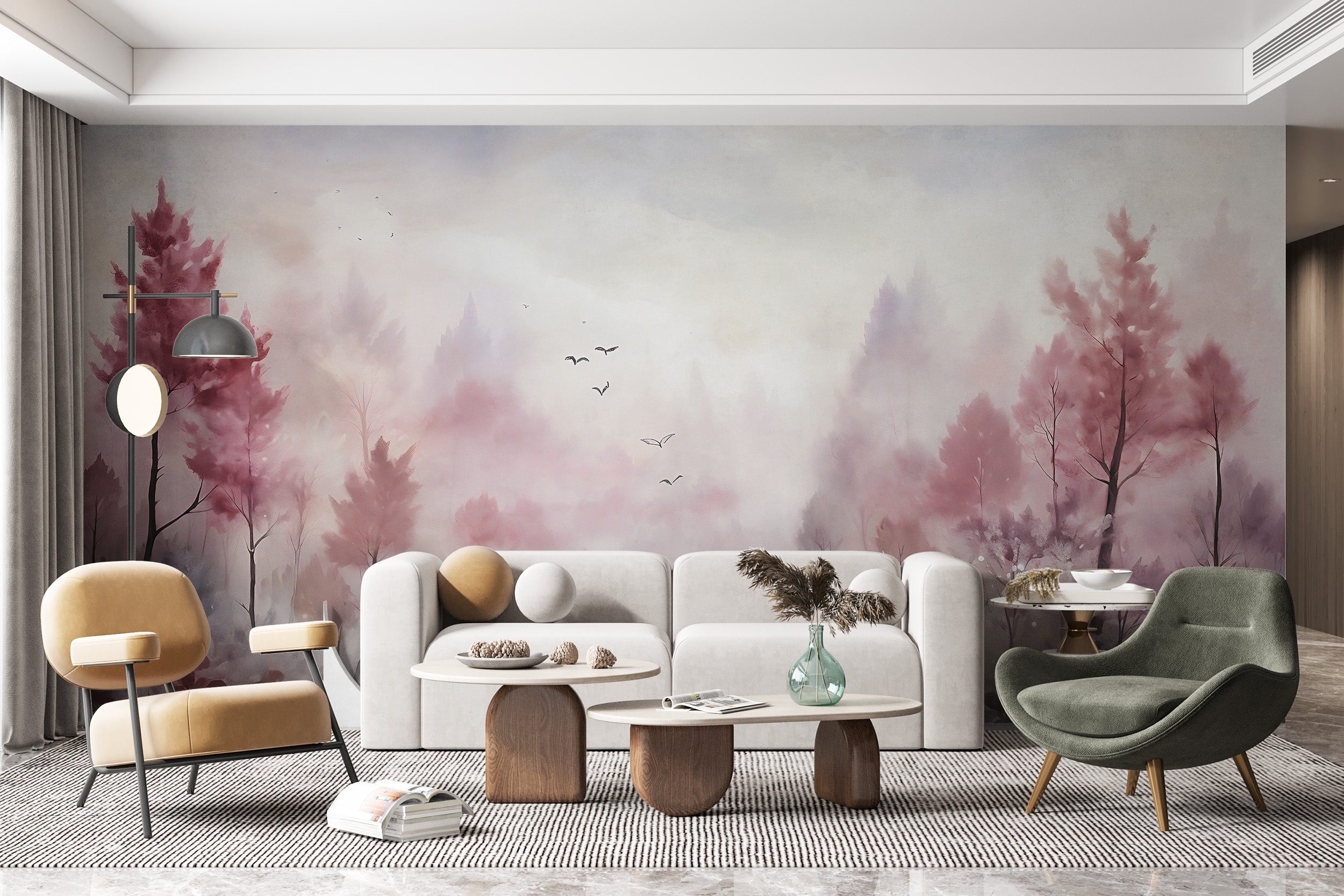 Delicate Watercolor Forest Wallpaper for Kids' RoomCreate a Dreamy Ambiance with Pink Trees Wall Mural