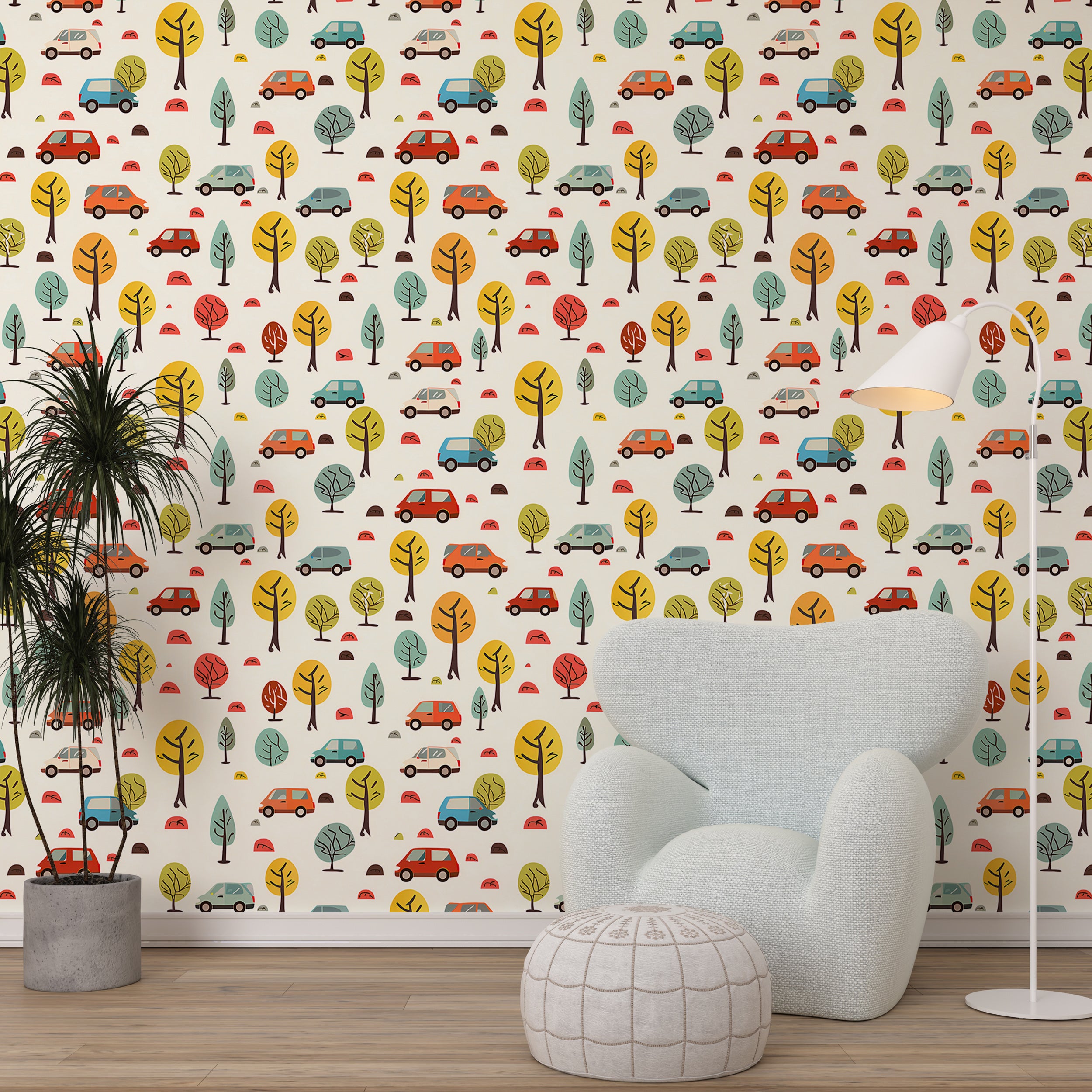 Cars and Trees Wallpaper, Colorful Nursery Wallpaper, Watercolor Kids Room Peel and Stick Wall Decor, Cars and Trees Removable PVC-free