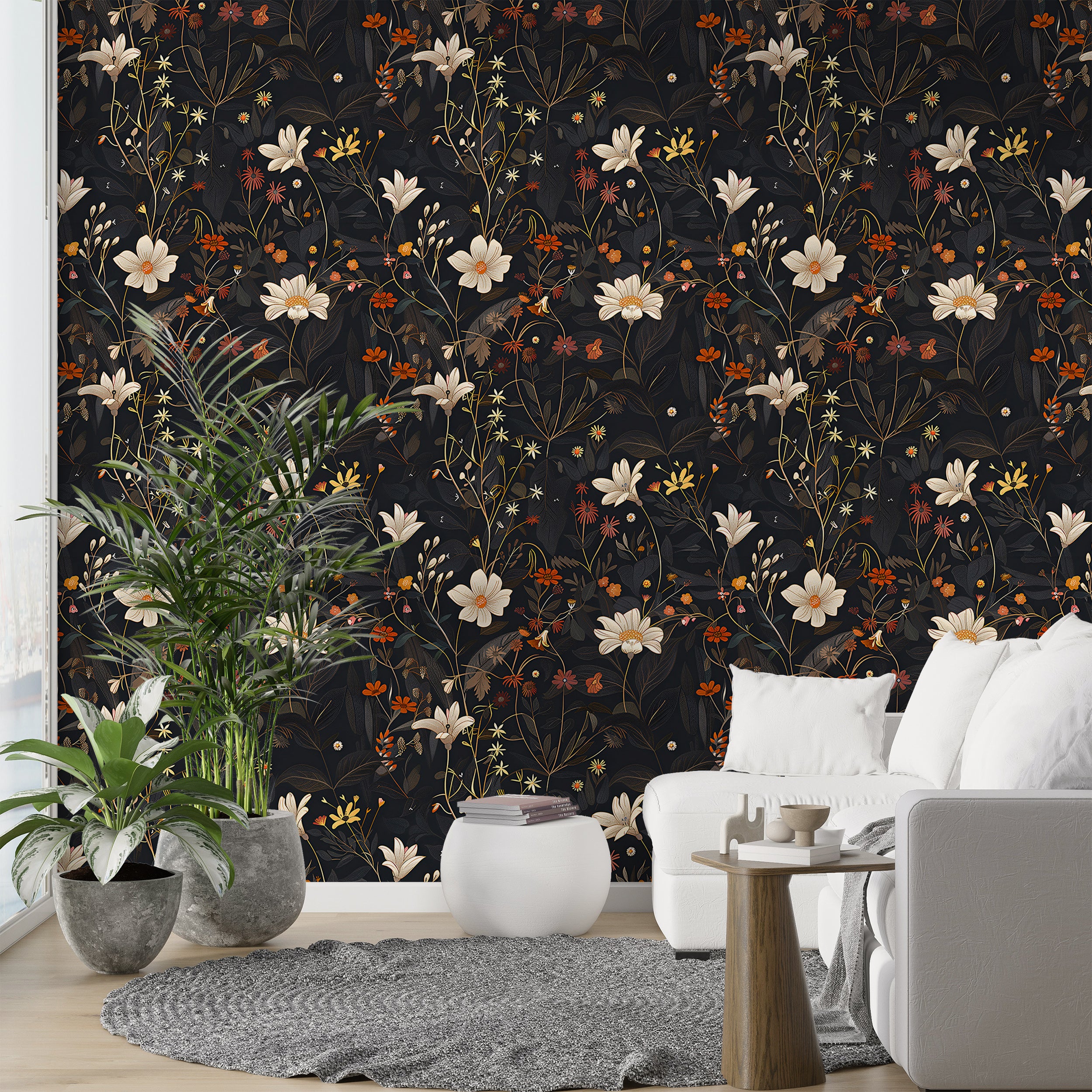 Wild Flowers Dark Wallpaper, Meadow Flower Peel and Stick Wall Decal, Black and Red Botanical Wallpaper, Dark Field Floral Decor