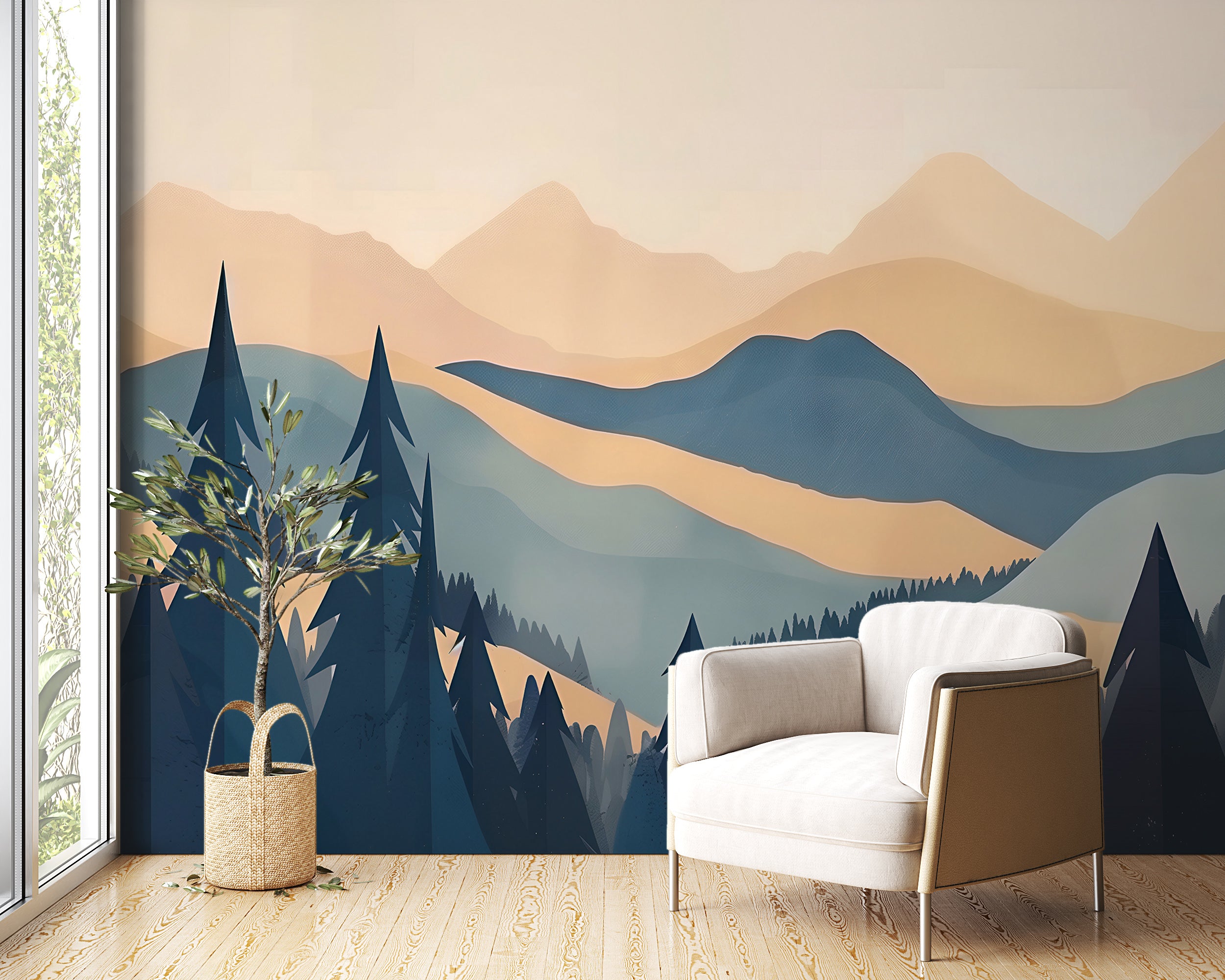 Boho Mountains and Forest Mural, Peel and Stick Landscape Mural, Beige and Blue Nature Wallpaper, Soft Watercolor Mountains Decor