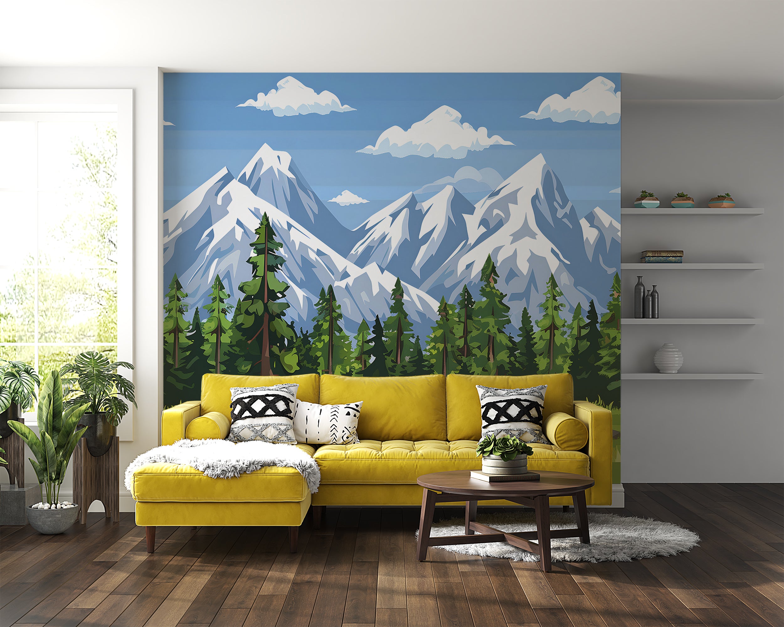 Colorful Nursery Landscape Mural, Kids Room Accent Wall Cartoon Style Nature Mural, Peel and Stick Mountains and Forest Wallpaper