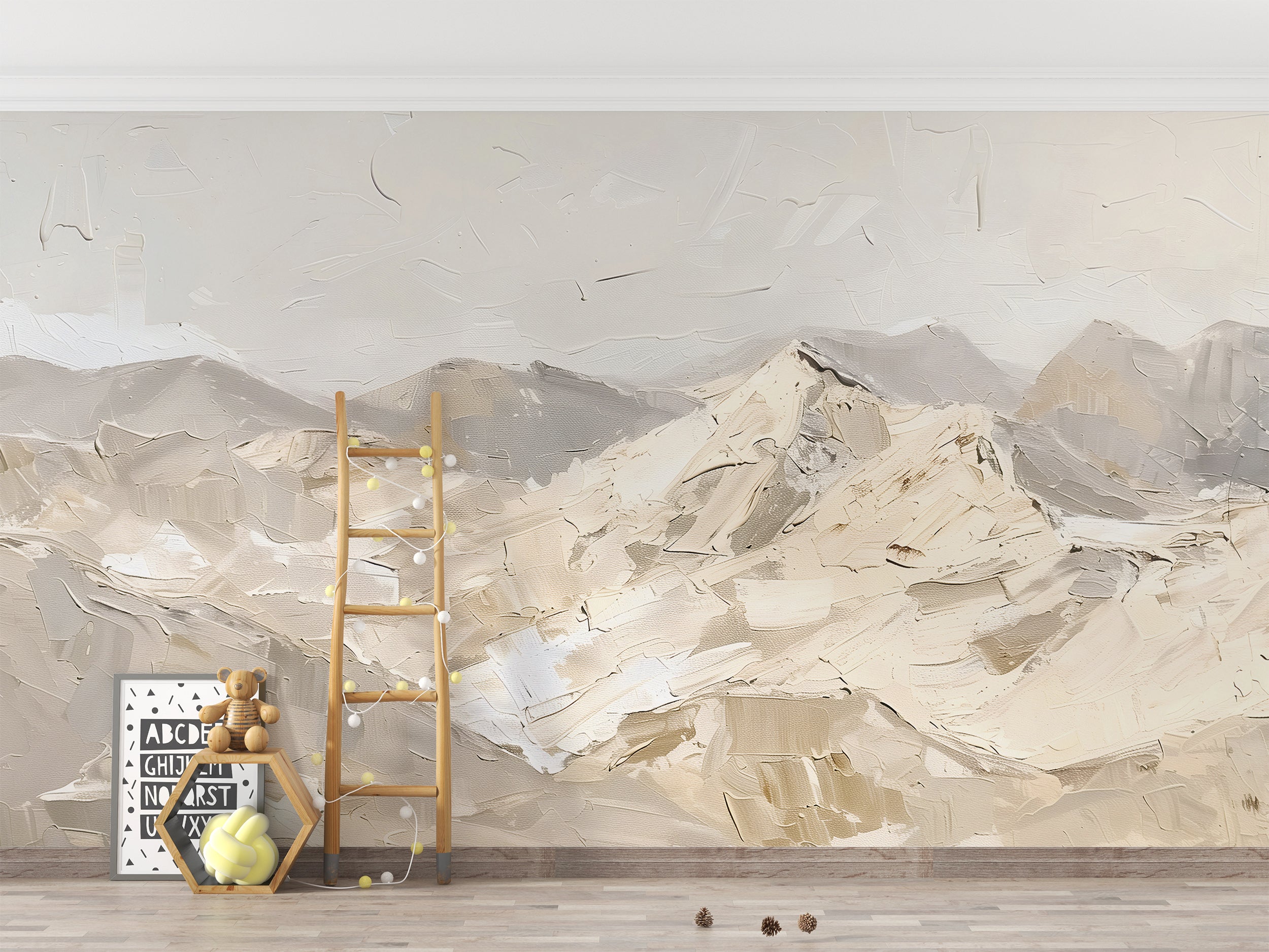 Beige Mountains in Palette Knife Style Mural, Abstract Peel and Stick Landscape Art, Removable Mountains Oil Painting Wallpaper