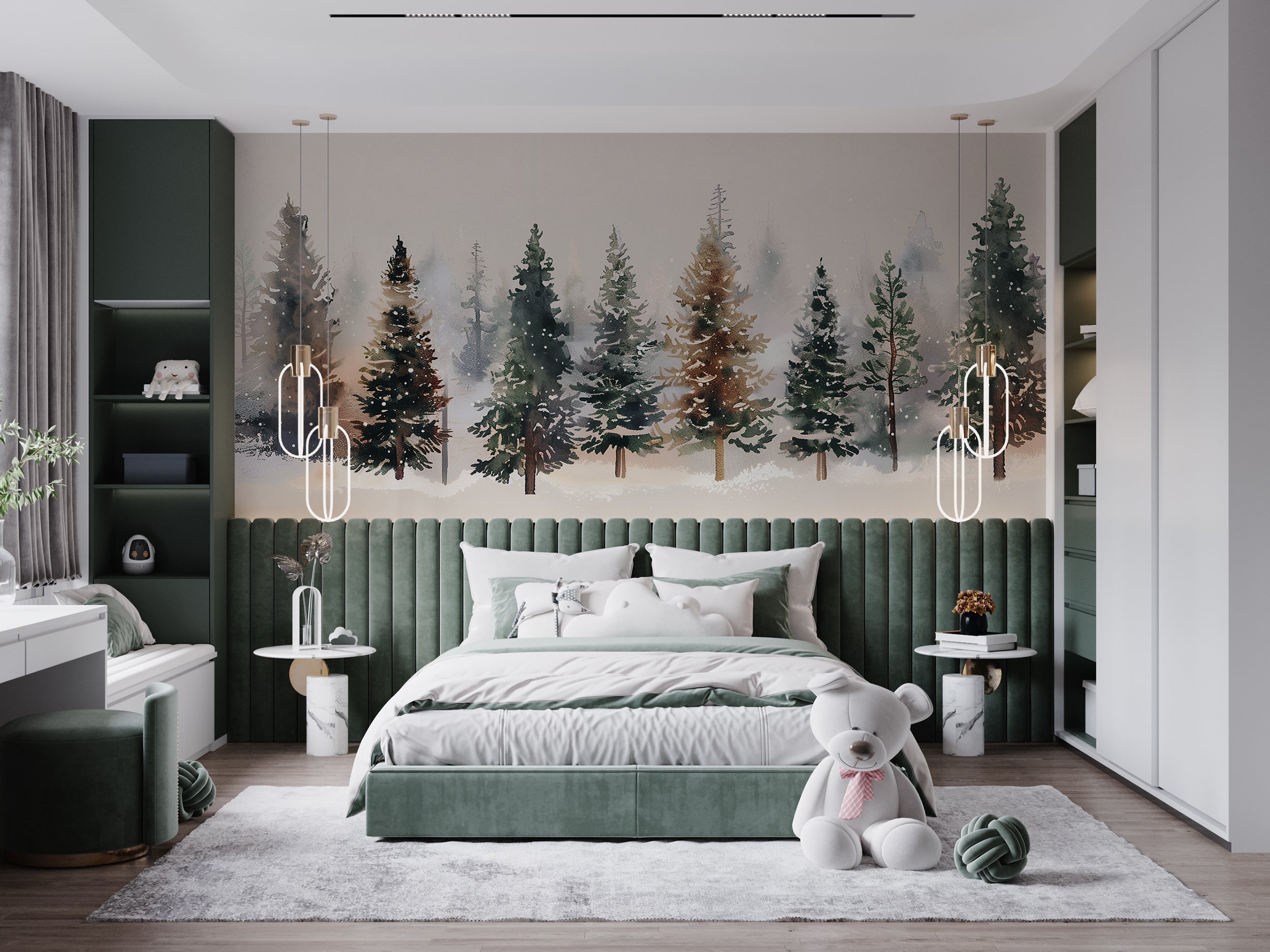 Minimalistic Pine Trees Mural, Watercolor Snowy Forest Mural, Pine Forest Wallpaper, Peel and Stick Nursery Woodland Landscape