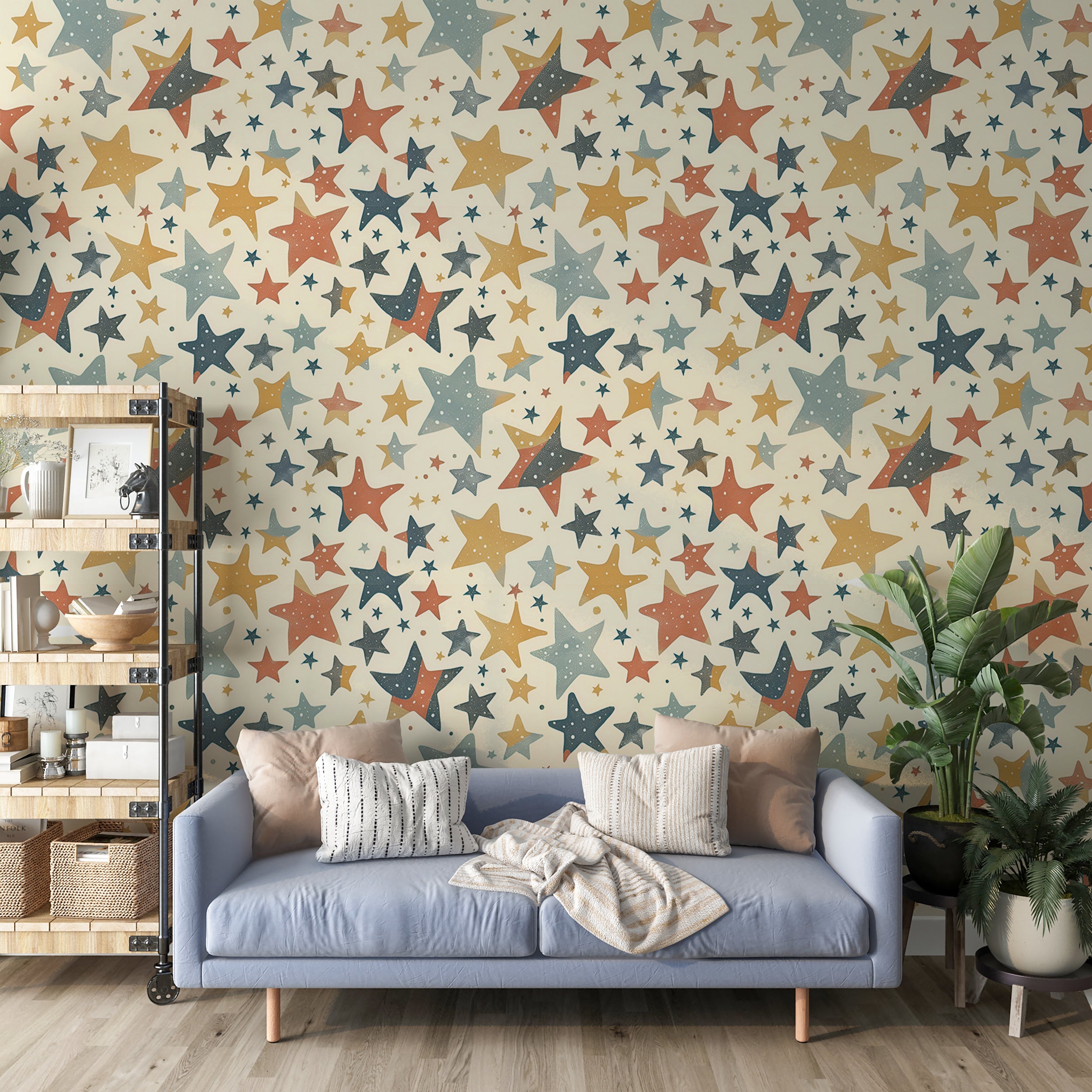 Small and Large Stars Wallpaper, Multicolor Kids Room Stars Wall Decor, Self-adhesive Starry Wallpaper, Beige Nursery Star Pattern Decal