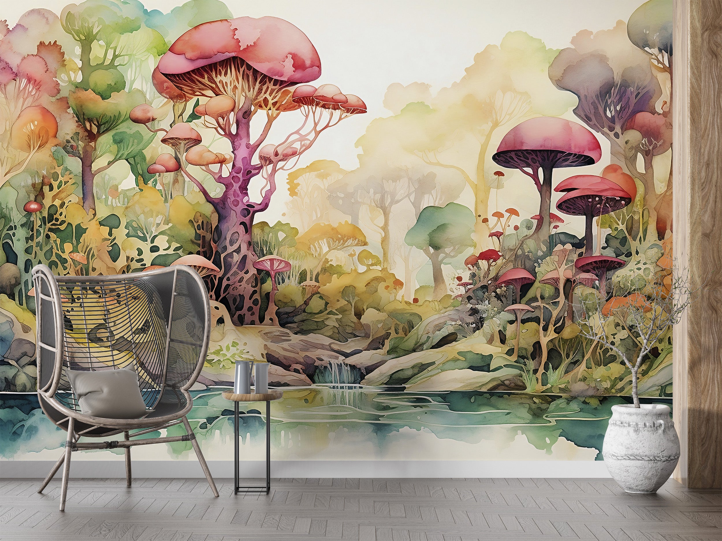 Whimsical Mushroom Forest Mural for Kids' Rooms