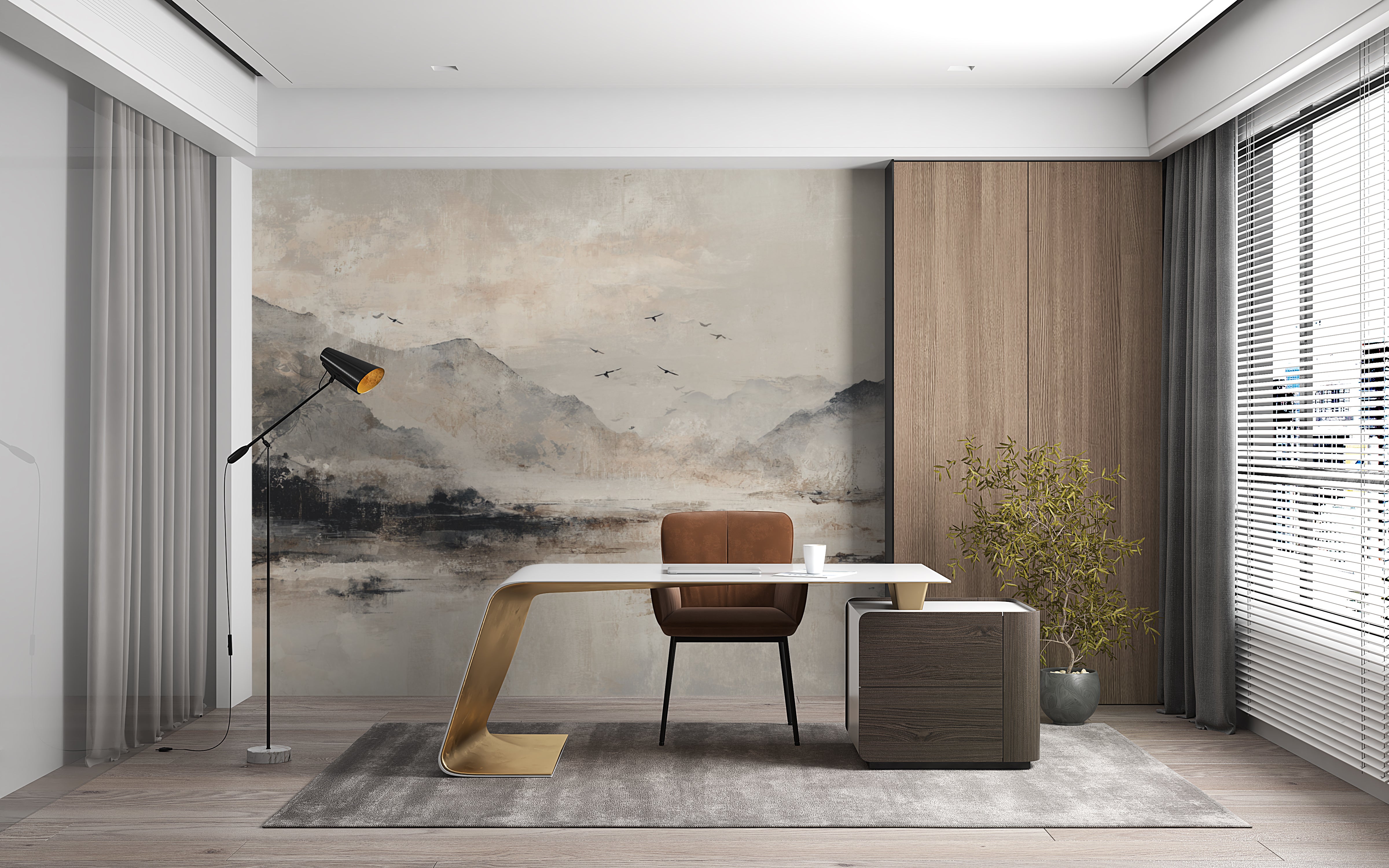 Japandi Zen Minimalist Wallpaper Mountain Art in Earth Tones