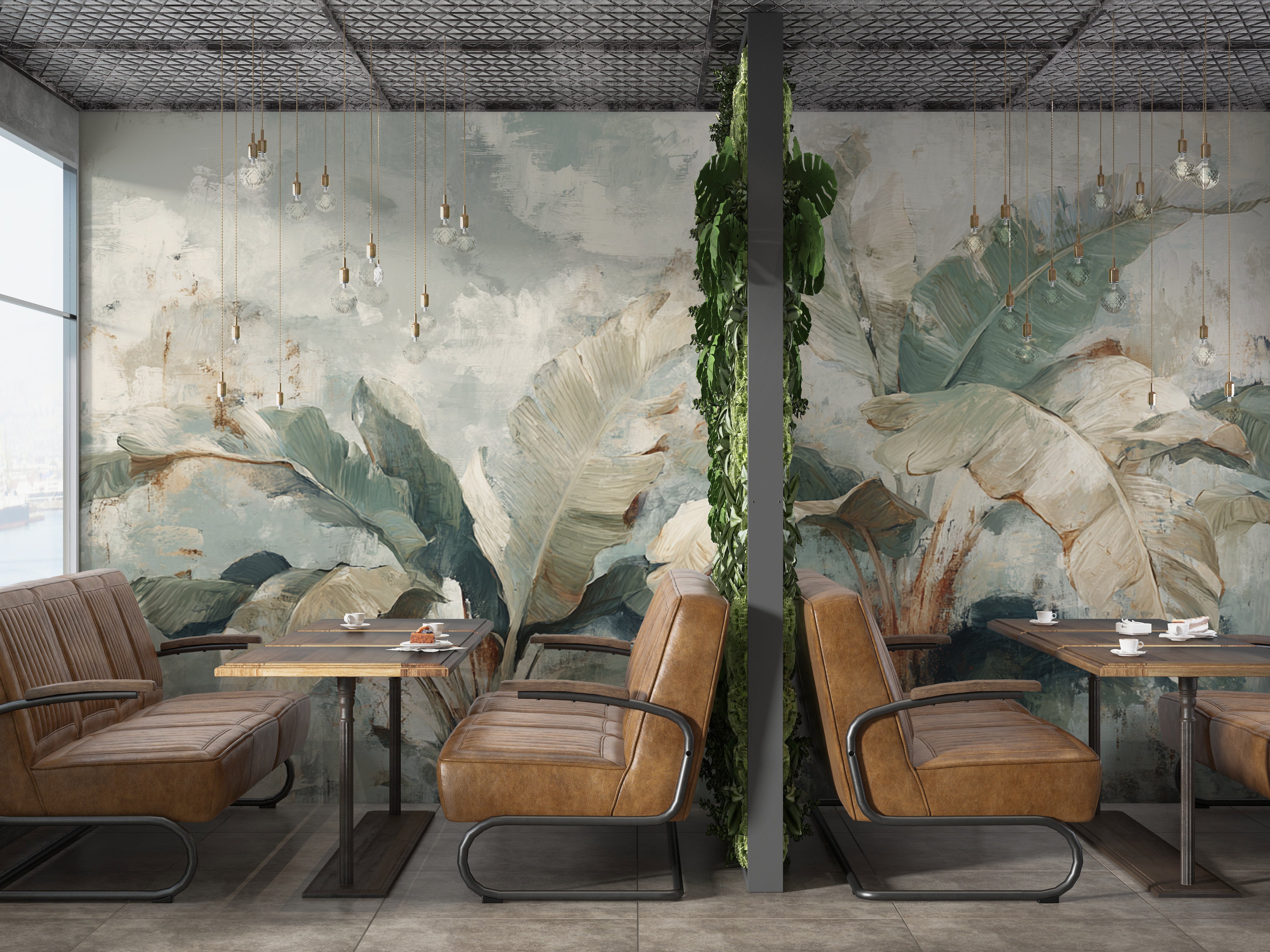 Botanical Wall Mural with Tropical Banana Leaves in Muted Green and Cream for Jungle Inspired Decor