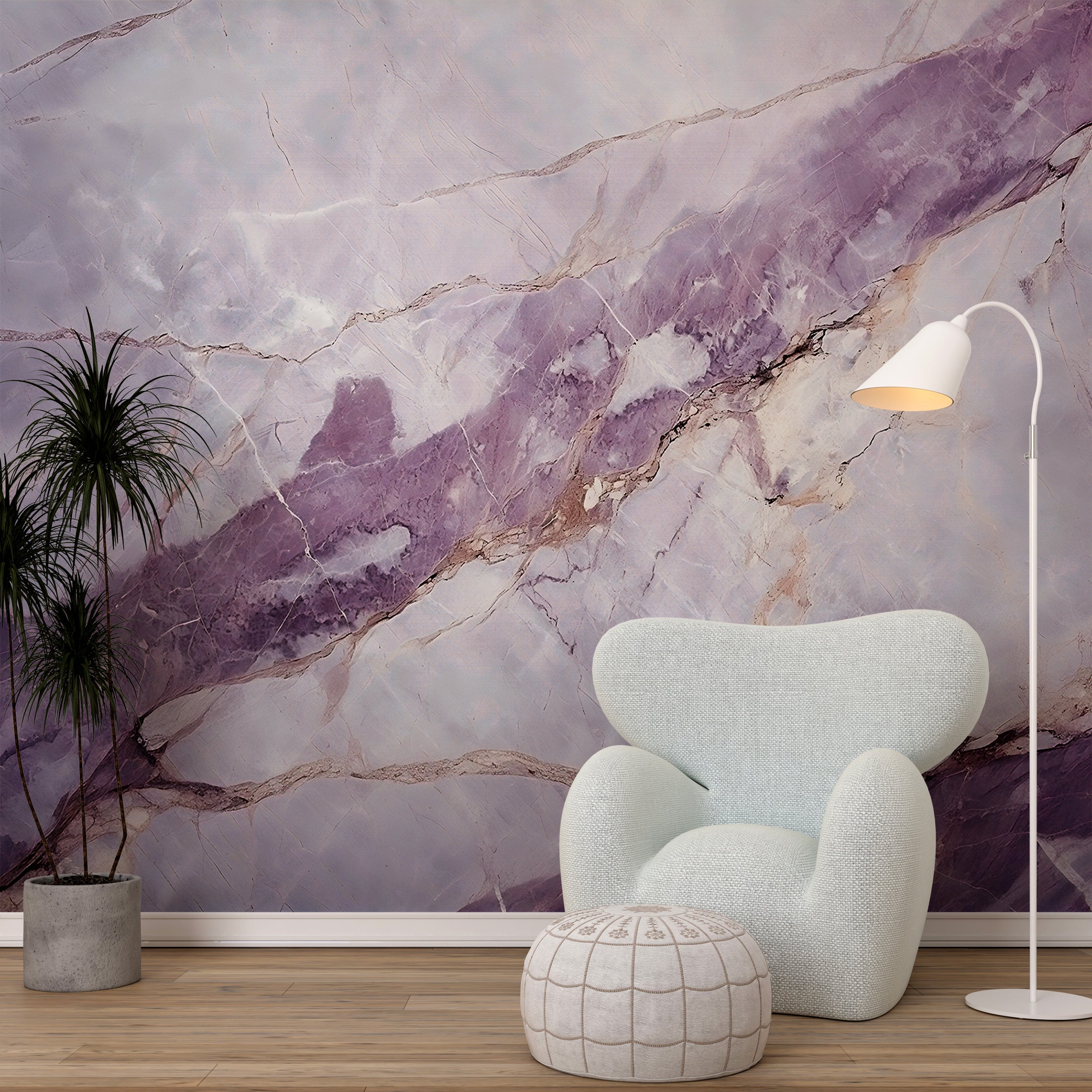 Elegant Pink and Grey Marble Peel and Stick Mural Adorning Living Room Wall