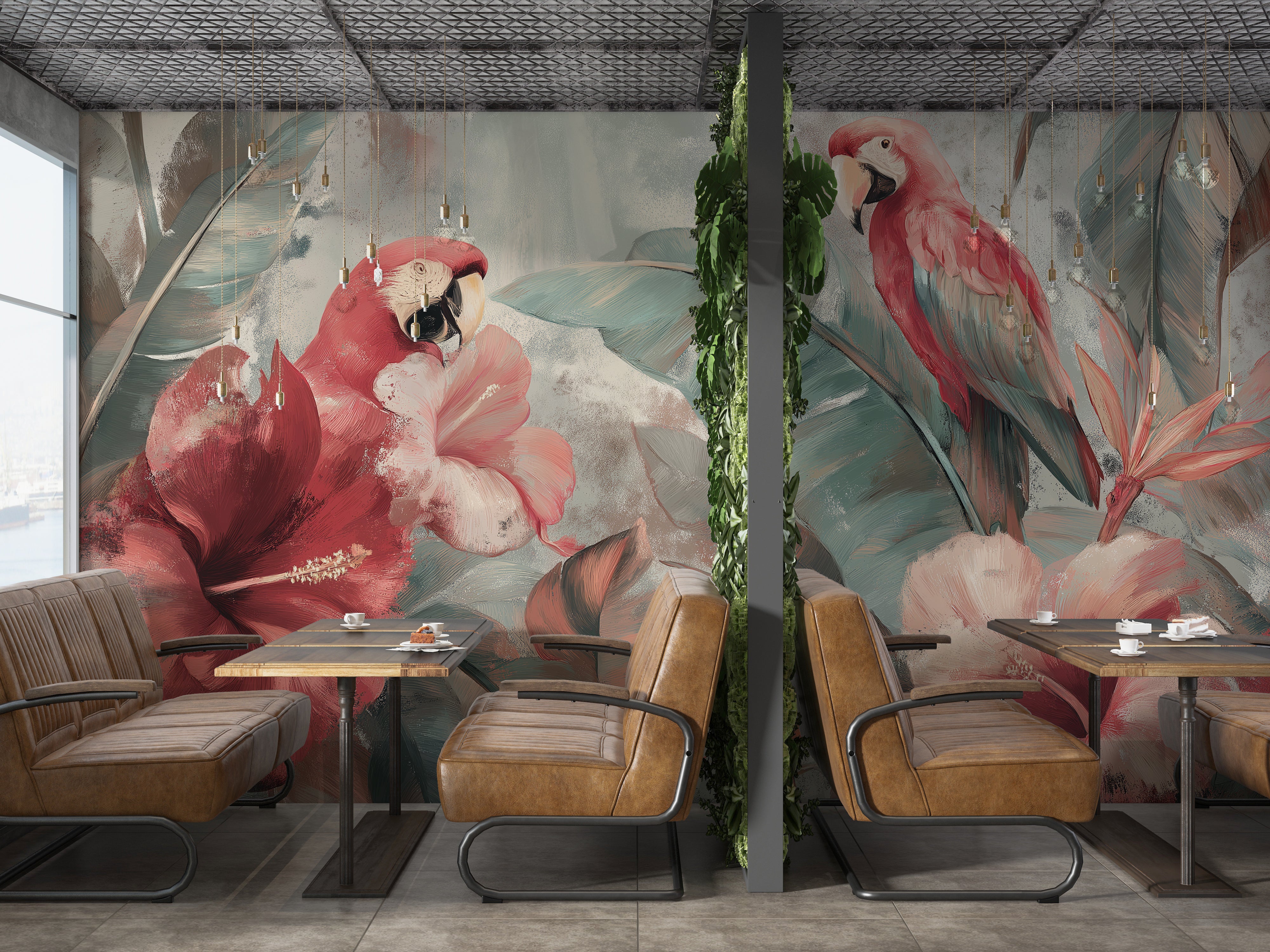 Teal and coral jungle mural for bedroom feature wall