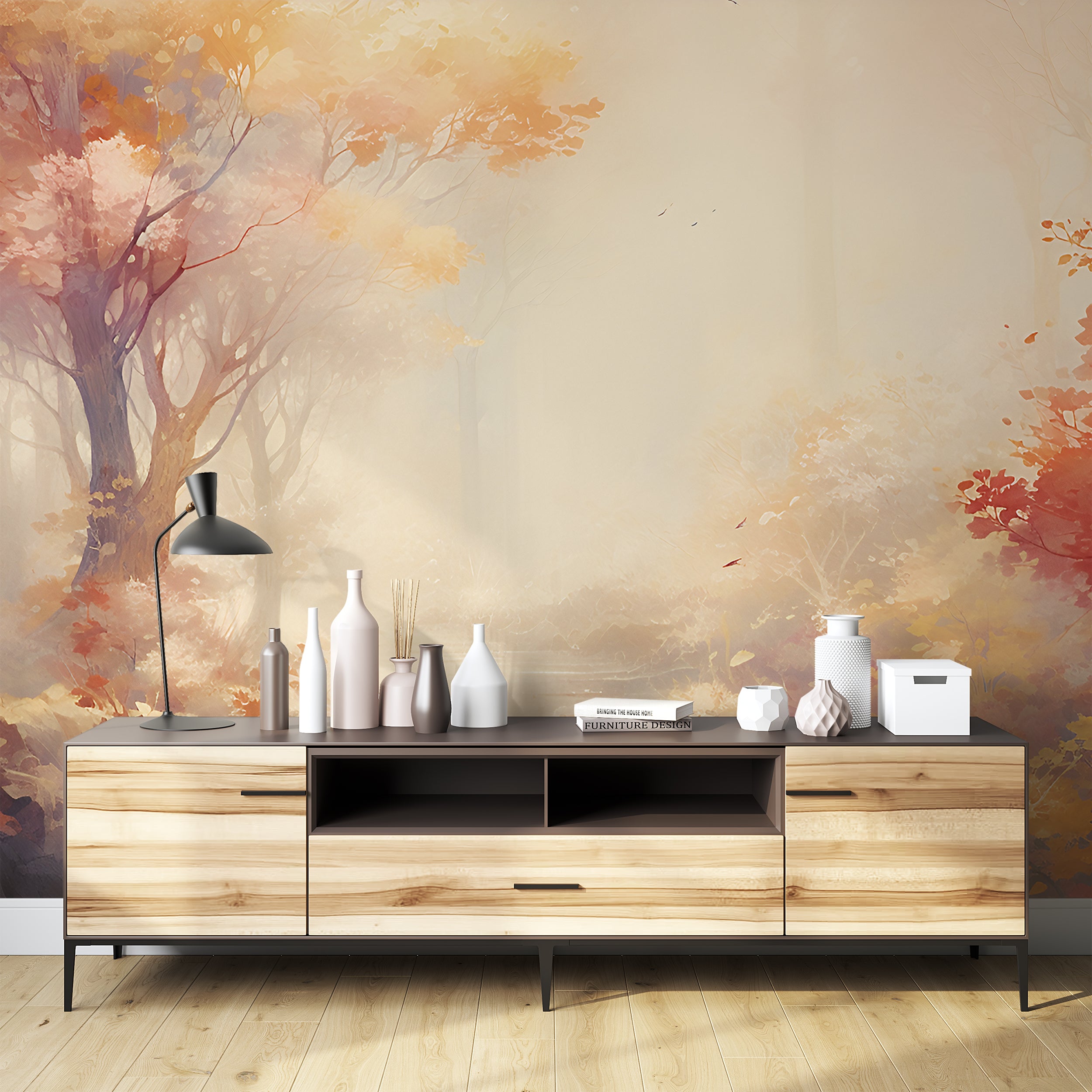 Autumn Forest Mural Peel And Stick" "Foggy Trees Fantasy Nature Wallpap