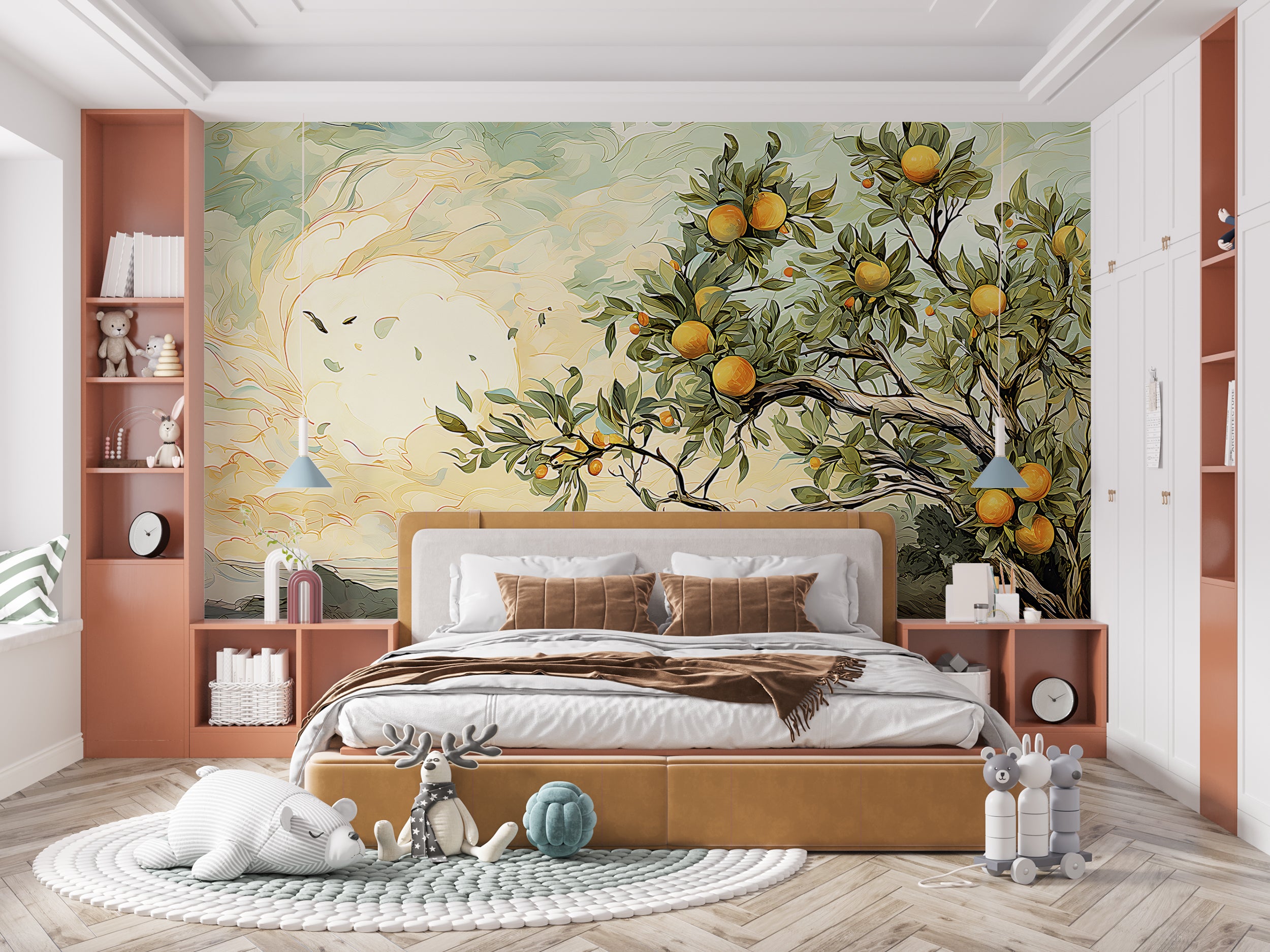Impressionism Mural in Green and Yellow Landscape