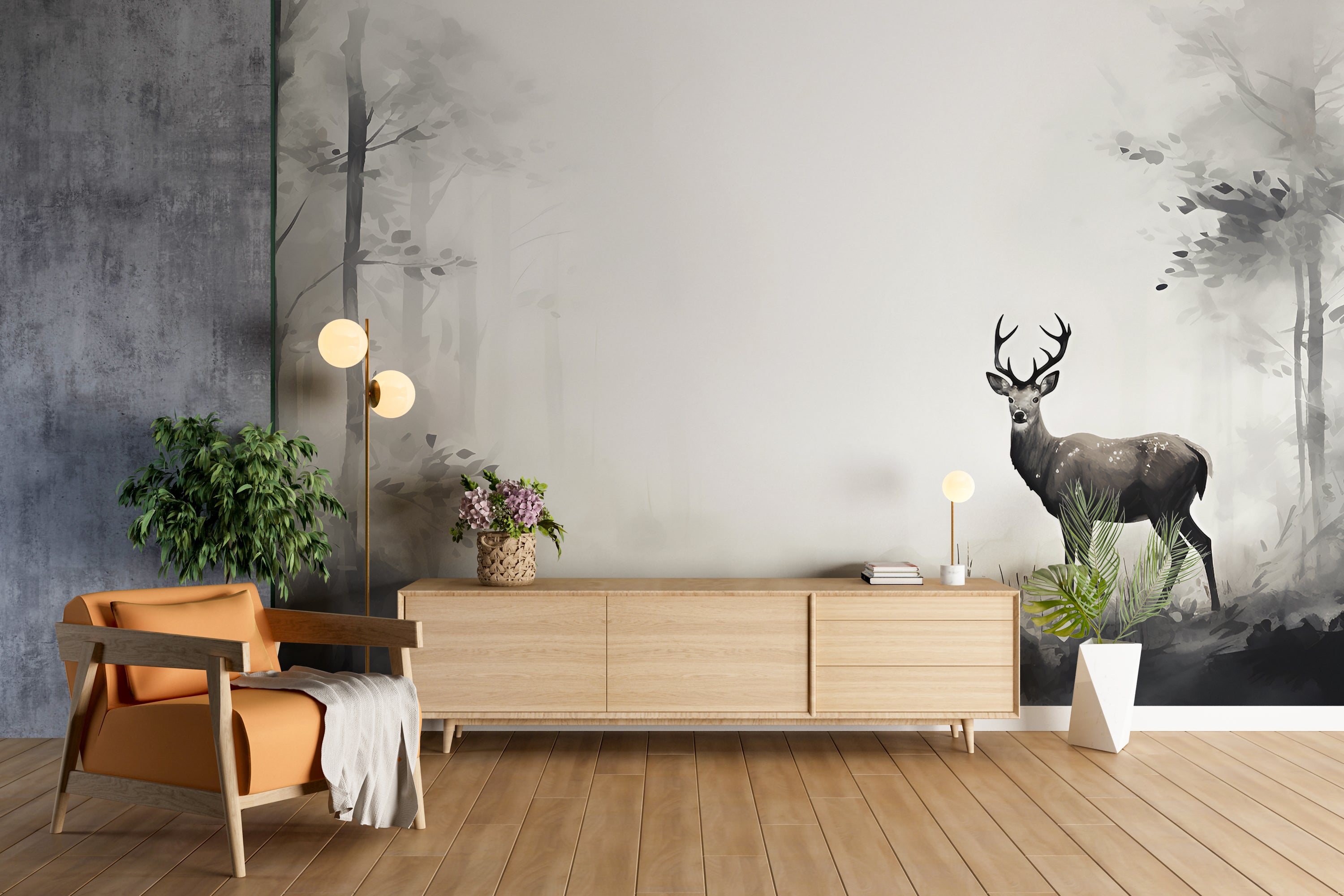 Black and White Landscape Mural, Watercolor Forest Wallpaper, Peel and Stick Deer, Deer in Forest Wallpaper, PVC Free Wallpaper