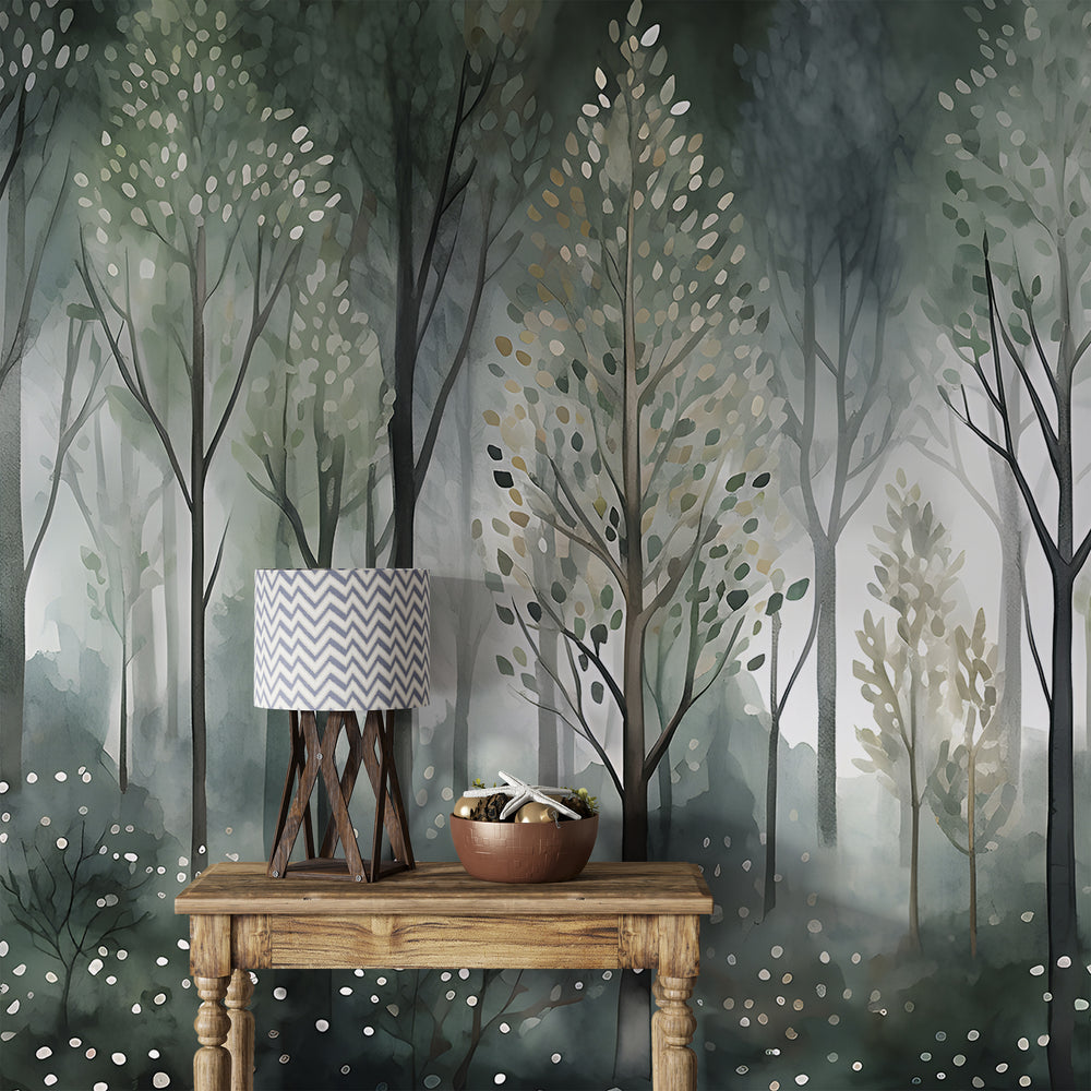 Dark Watercolor Forest Mural | Peel and Stick Forest Wallpaper