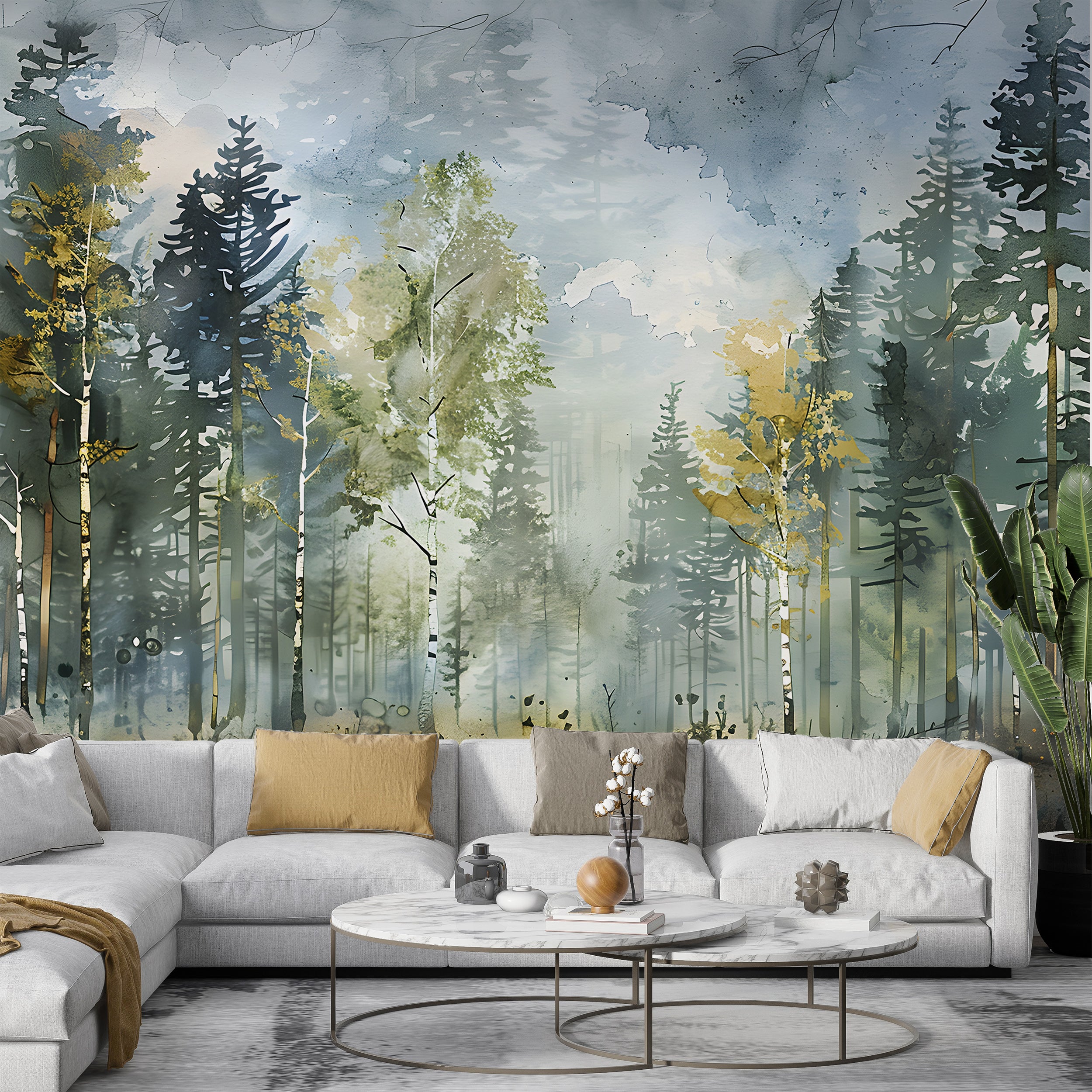 Birch Forest Wallpaper, Watercolor Woodland Mural, Pastel Colors Trees Wall Art, Peel and Stick Birches Decal, Removable Wild Nature Wallpaper