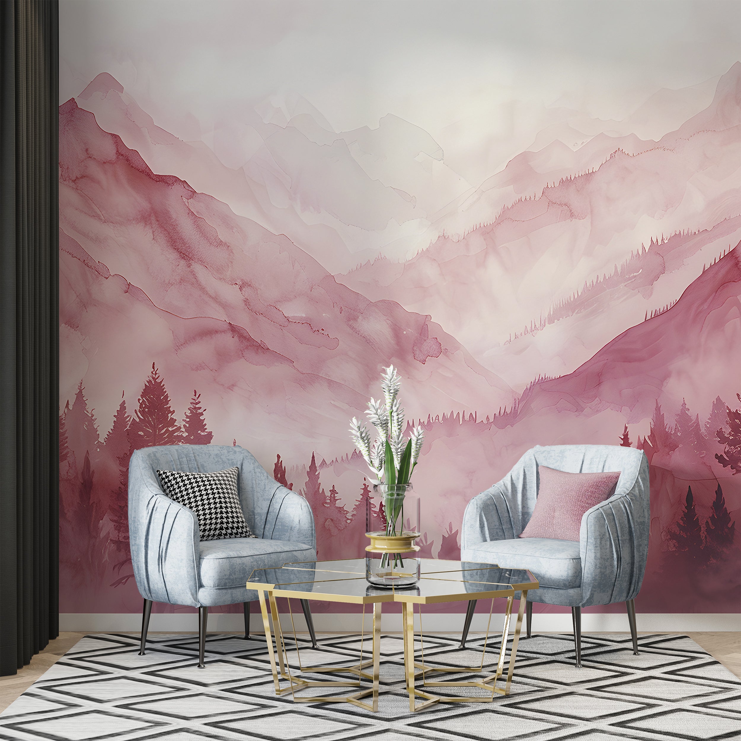 Pink Nursery Landscape Wallpaper, Watercolor Mountain View Mural, Peel and Abstract Stick Forests and Mountains Wall Mural, Soft Pink Nature Art