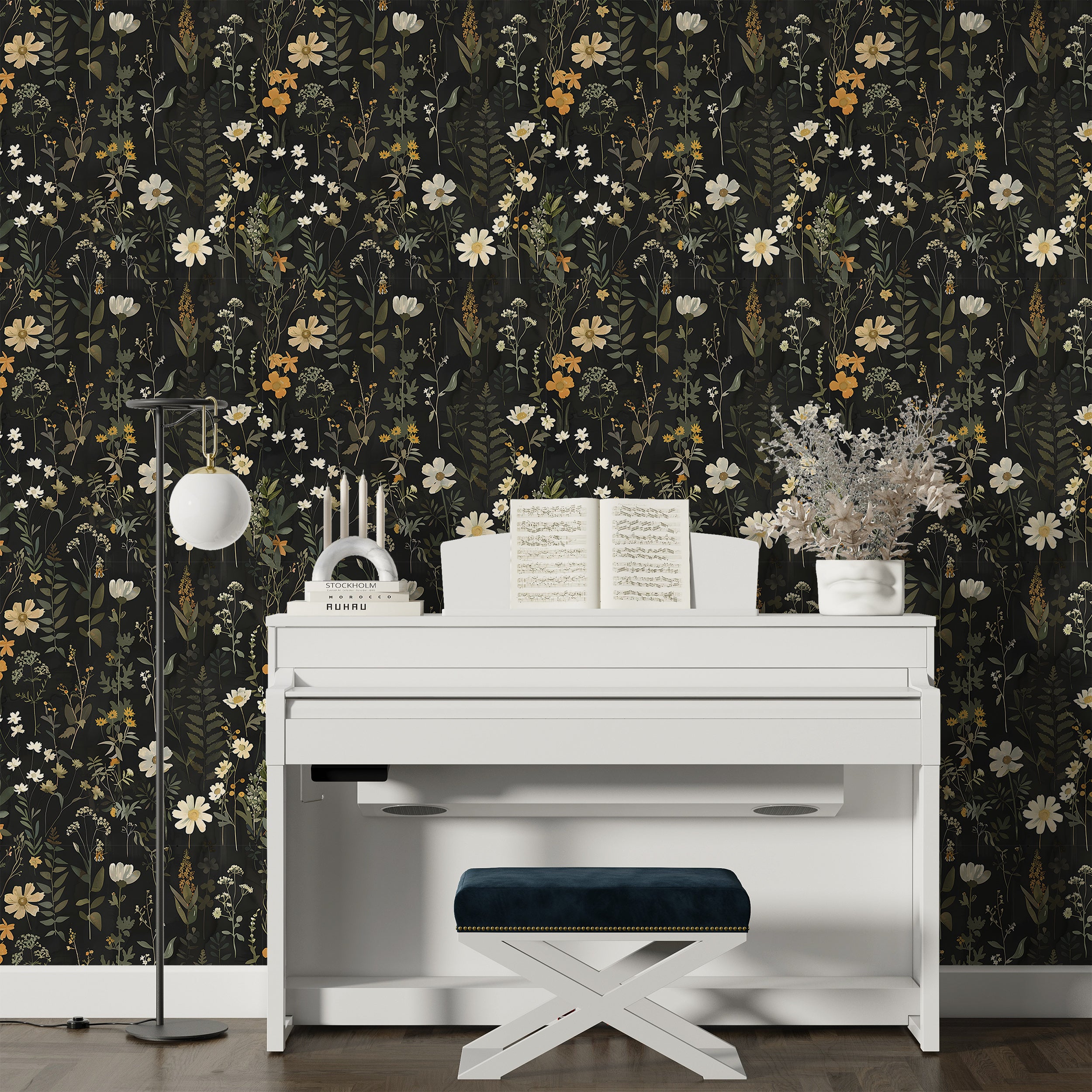 Meadow Flowers Dark Wallpaper, Fern Wall Decor, Peel and Stick Botanical, Dark Floral Decal, Removable Flower and Leaves on Black Background