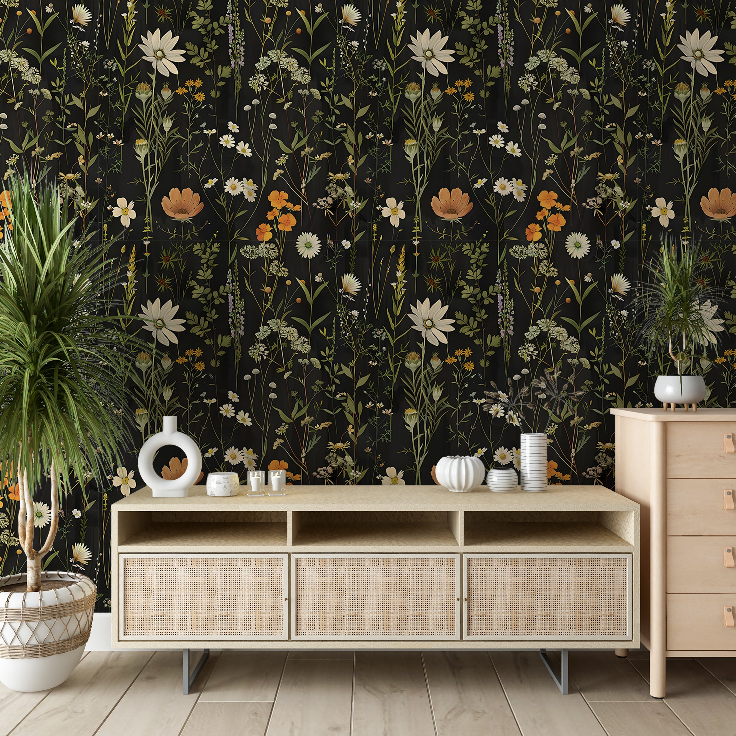 Meadow Flowers Wallpaper, Dark Botanical Decal, Peel and Stick Dark Floral, Vintage Flower Wallpaper, Removable Wild Flowers Black Background