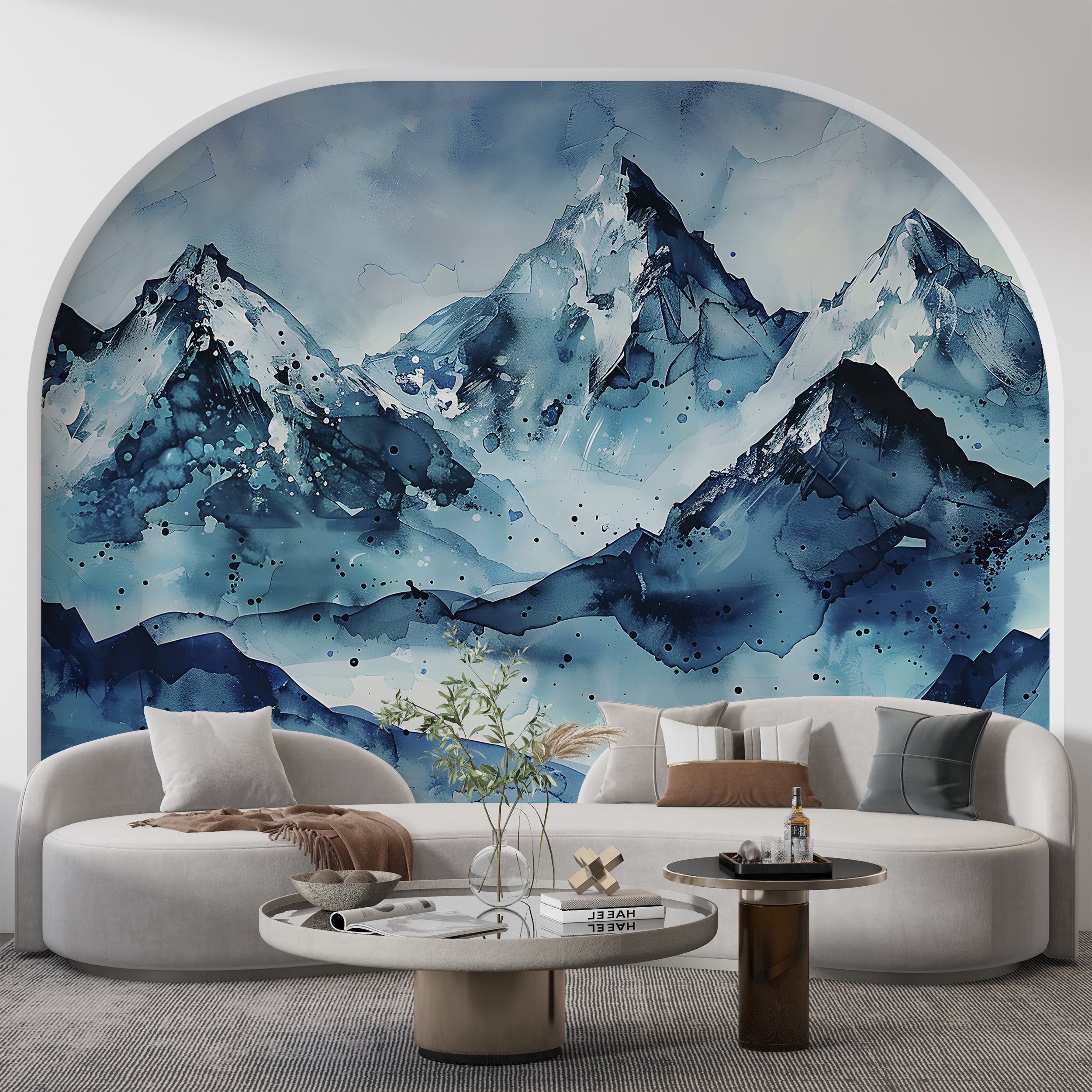Snowy Mountains Mural, Abstract Blue Mountains Wall Art, Peel and Stick Cold Blue Wallpaper, Watercolor Removable Iced Landscape Decal