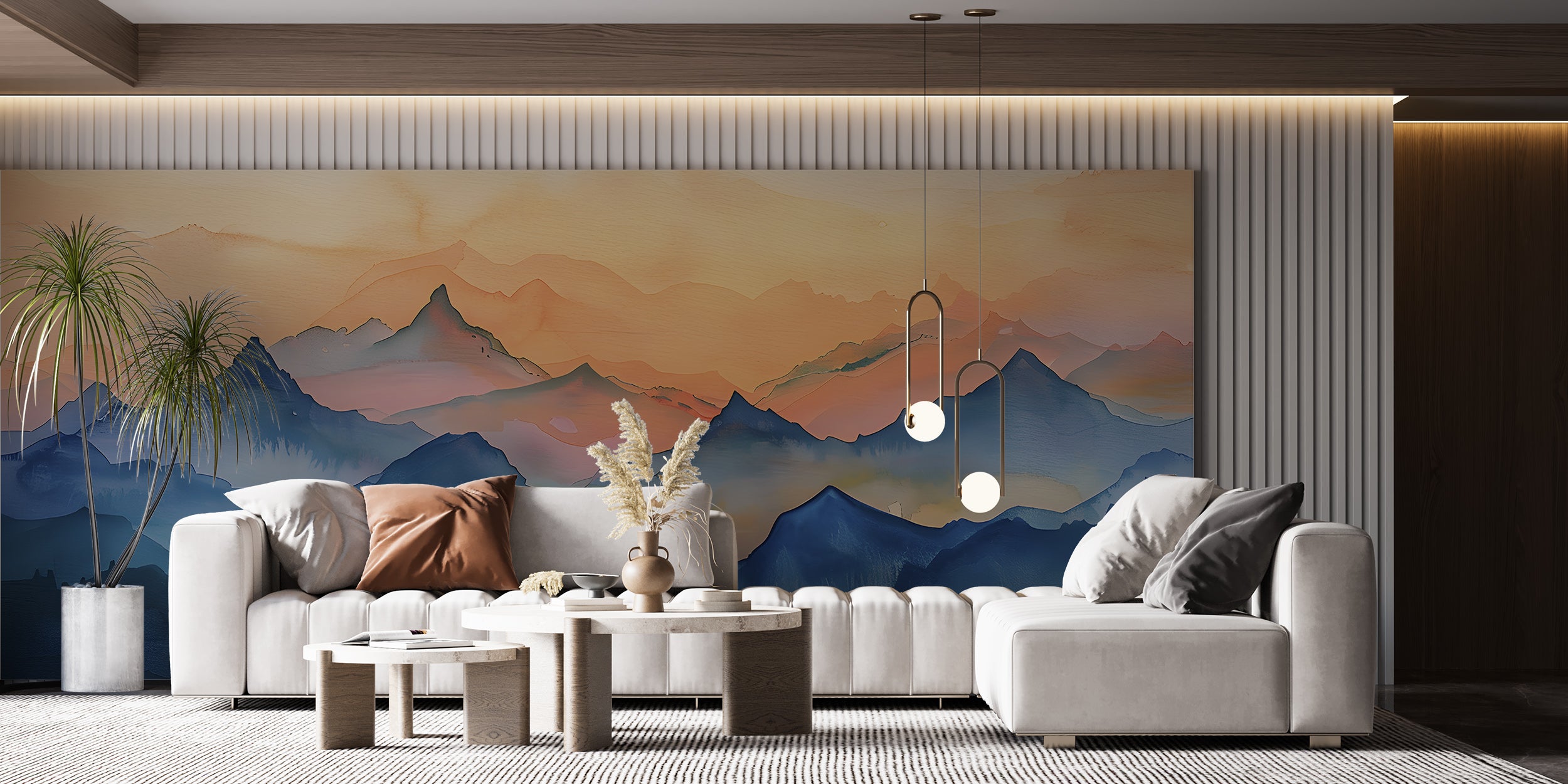 Mountain Sunset Mural, Pastel Blue and Orange Mountains Landscape, Peel and Stick Watercolor Nursery Wall Decor, Custom Size Unique Art