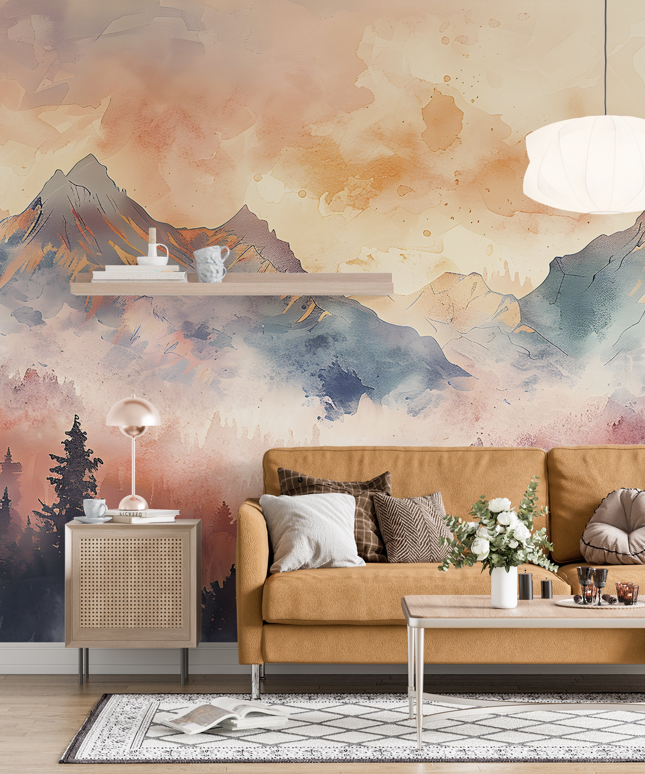 Foggy Colorful Mountains Mural, Watercolor Forest and Mountains Landscape in Pastel Colors, Peel and Stick Orange Misty Mountain Wallpaper