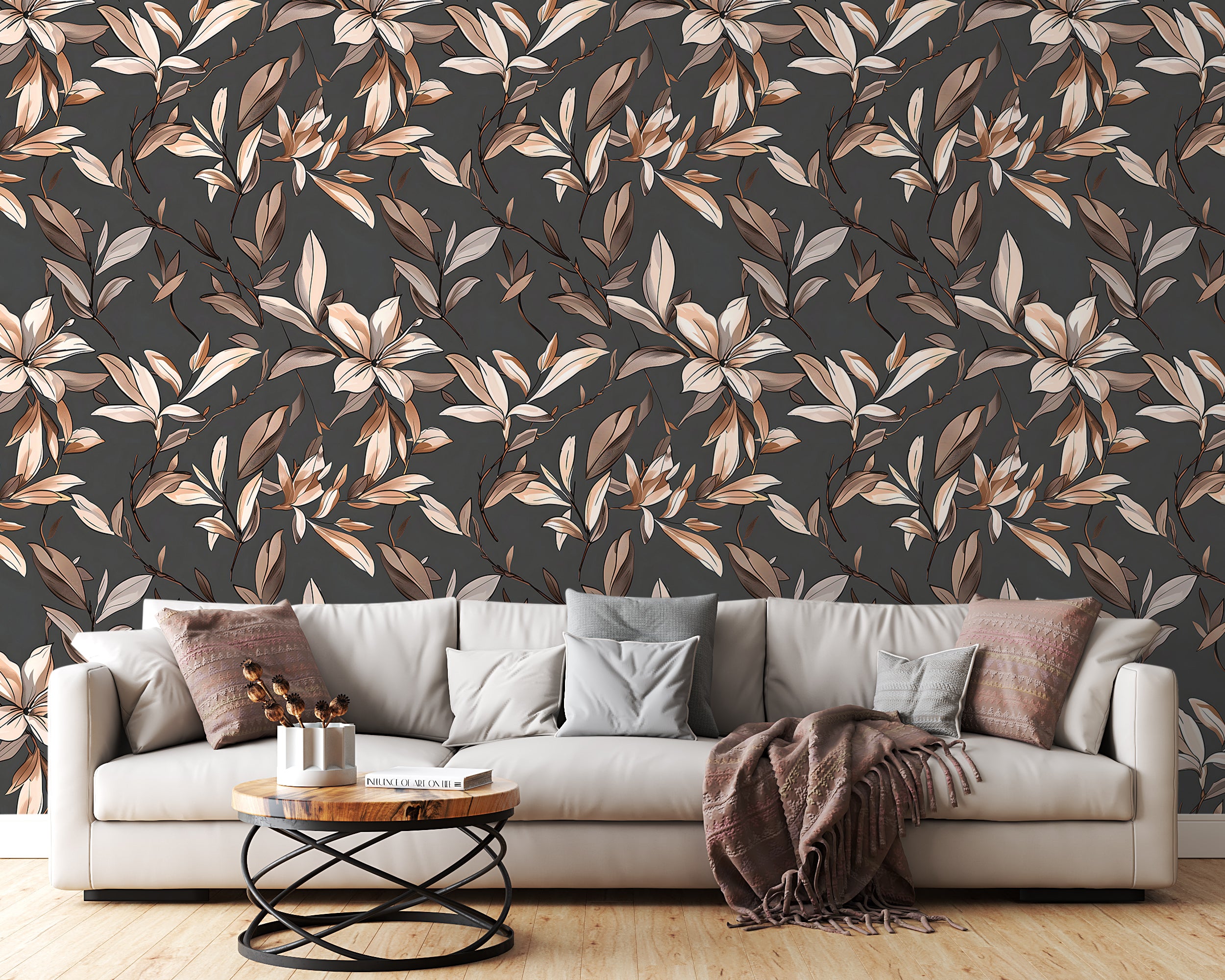 Brown and Grey Lily Flowers Wallpaper, Watercolor Dark Floral Wall Decor, Peel and Stick Botanical, Removable Beige Flower Art