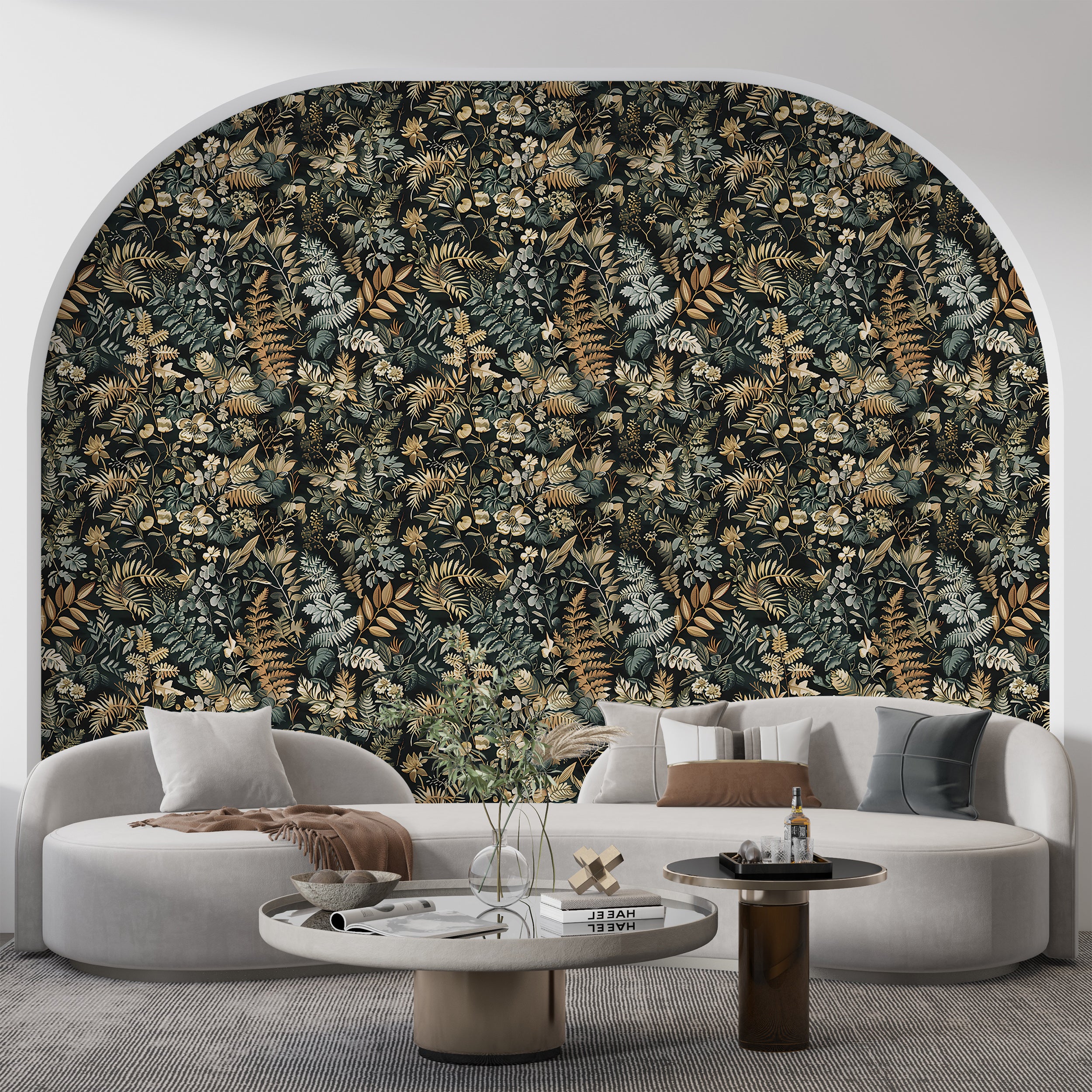 Dark Floral Wallpaper, Peel and Stick Fern Pattern Decal, Wild Flowers and Leaves Wall Decor, Removable Dark Botanical Forest Flower Wallpaper