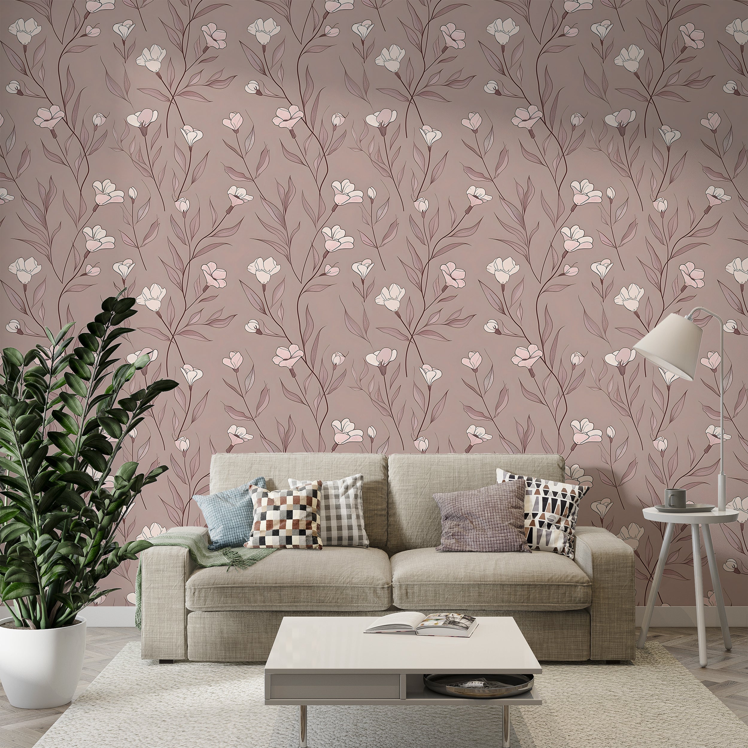 Minimalistic Dusty Rose Floral Wallpaper, Self-adhesive Meadow Flowers Wallpaper, Removable Pastel Pink and White Botanical Wall Decor