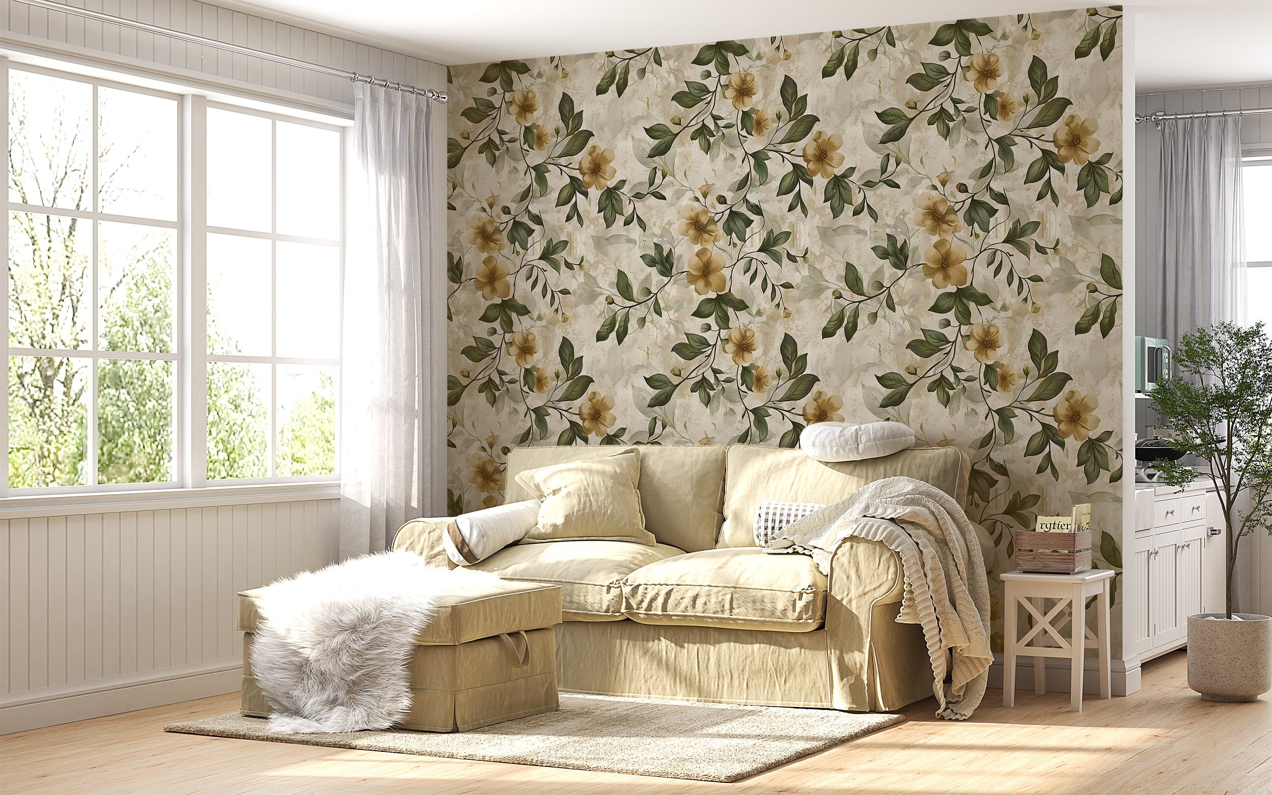 Rustic Beige and Green Floral Wallpaper, Vintage Peel and Stick Botanical Wall Decal, Removable Flowers and Leaves Old Style Wallpaper