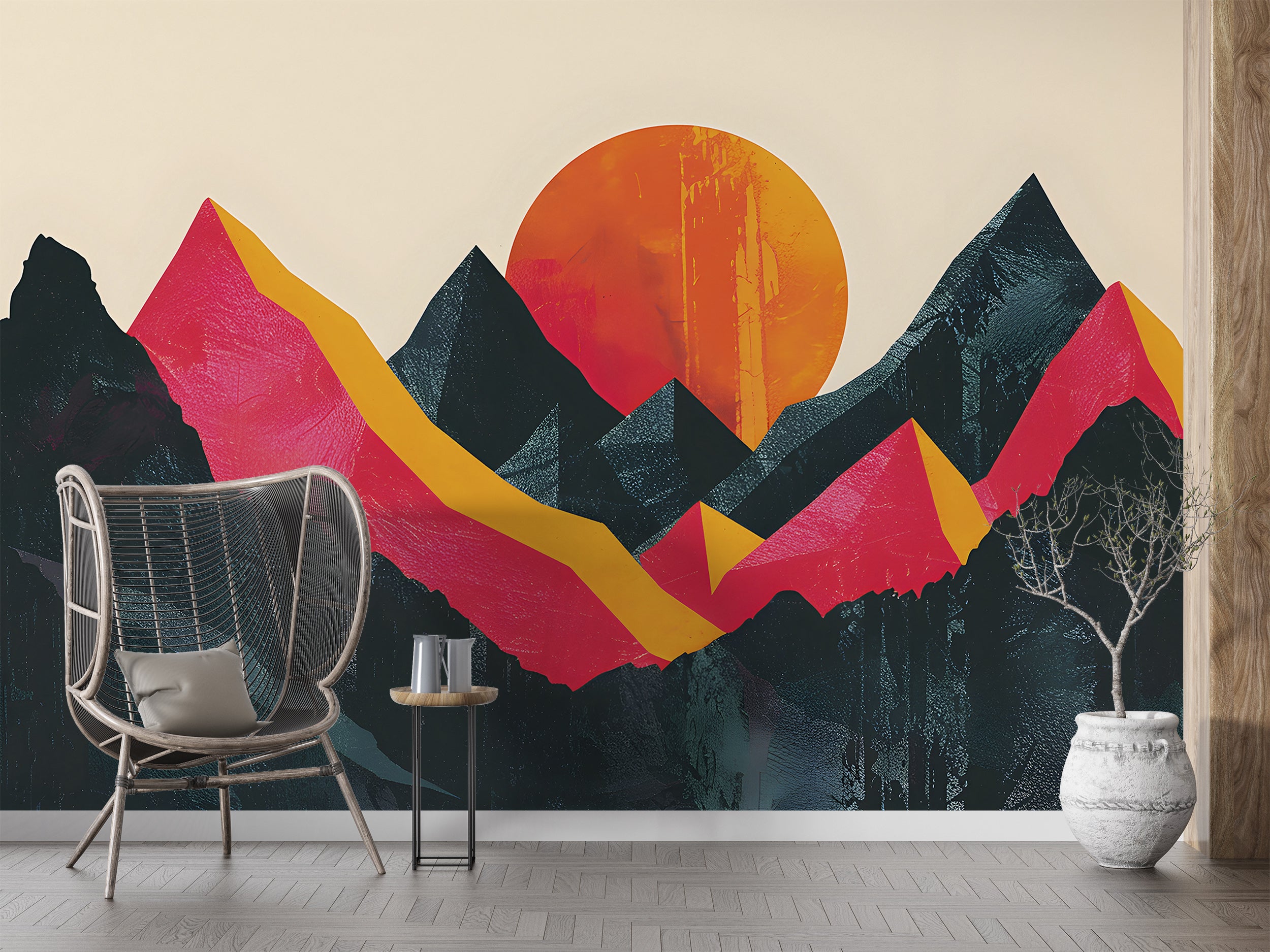 Abstract Landscape in Pop Art Style Mural, Peel and Stick Mountain Sunset Wallpaper, Modern Accent Wall Art, Green and Orange Decor