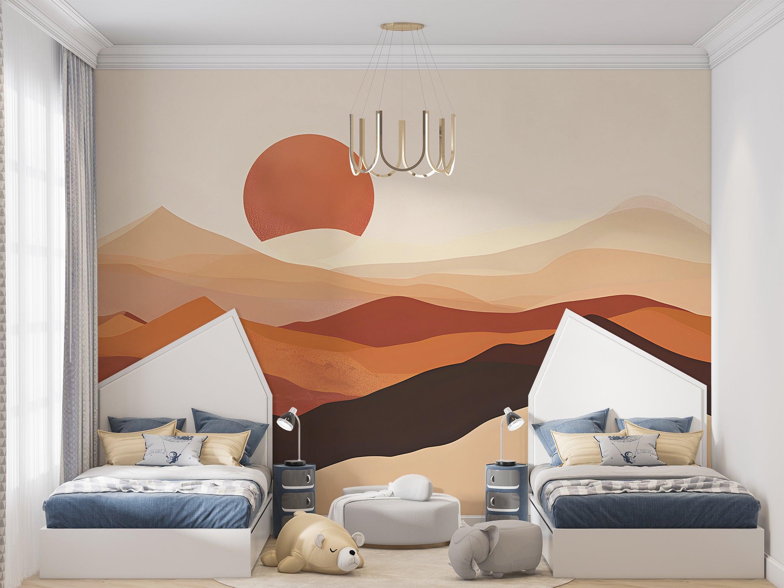 Minimalistic Desert Wall Mural, Peel and Stick Watercolor Sand Dunes Wallpaper, Abstract Mountain Sunset Mural, Beige and Brown Boho Mural