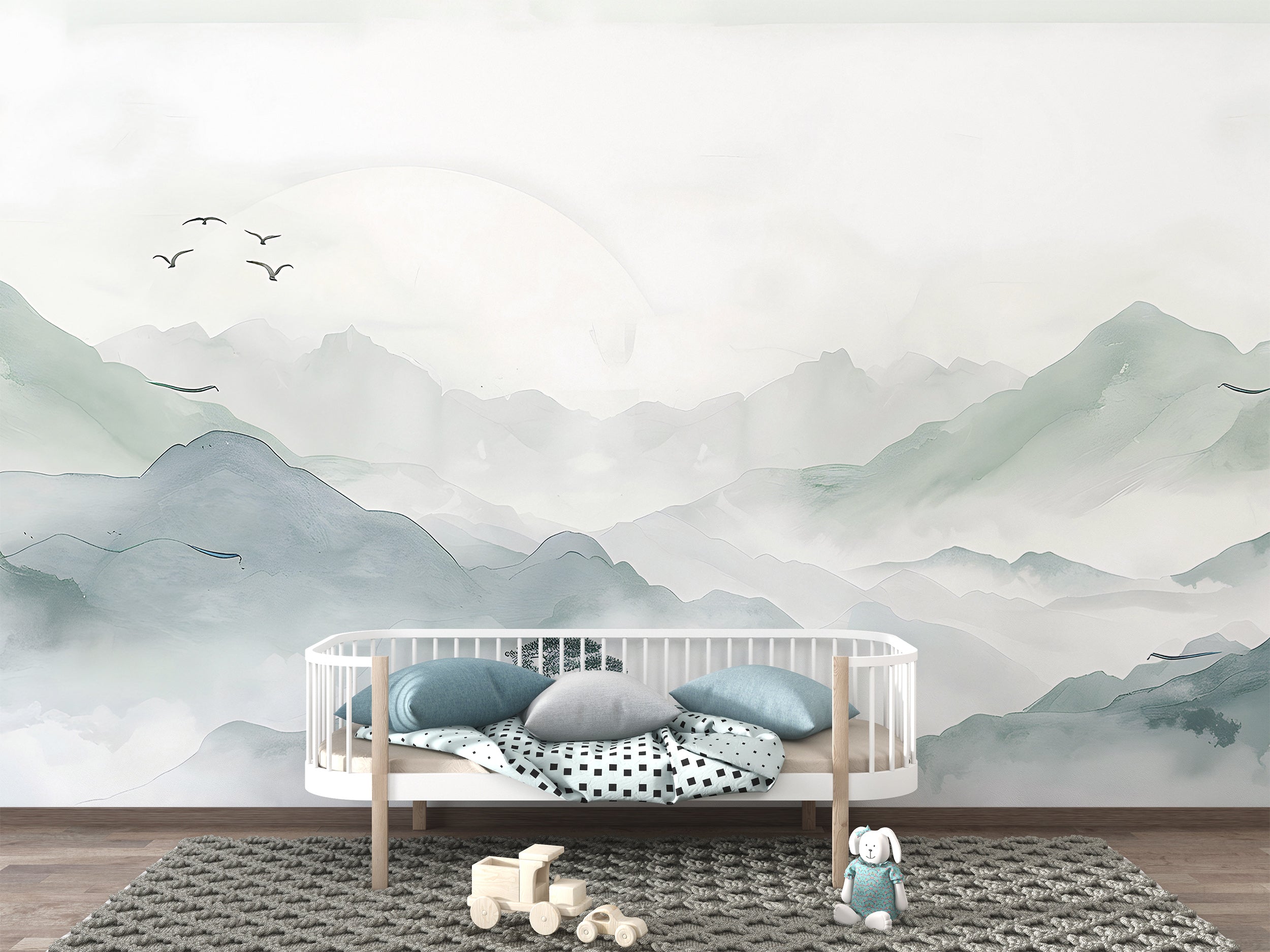 Pastel Mint Mountain Landscape Wall Mural, Self-adhesive Soft Green Japanese Nature Wallpaper, Removable Minimalistic Nursery Wall Decal