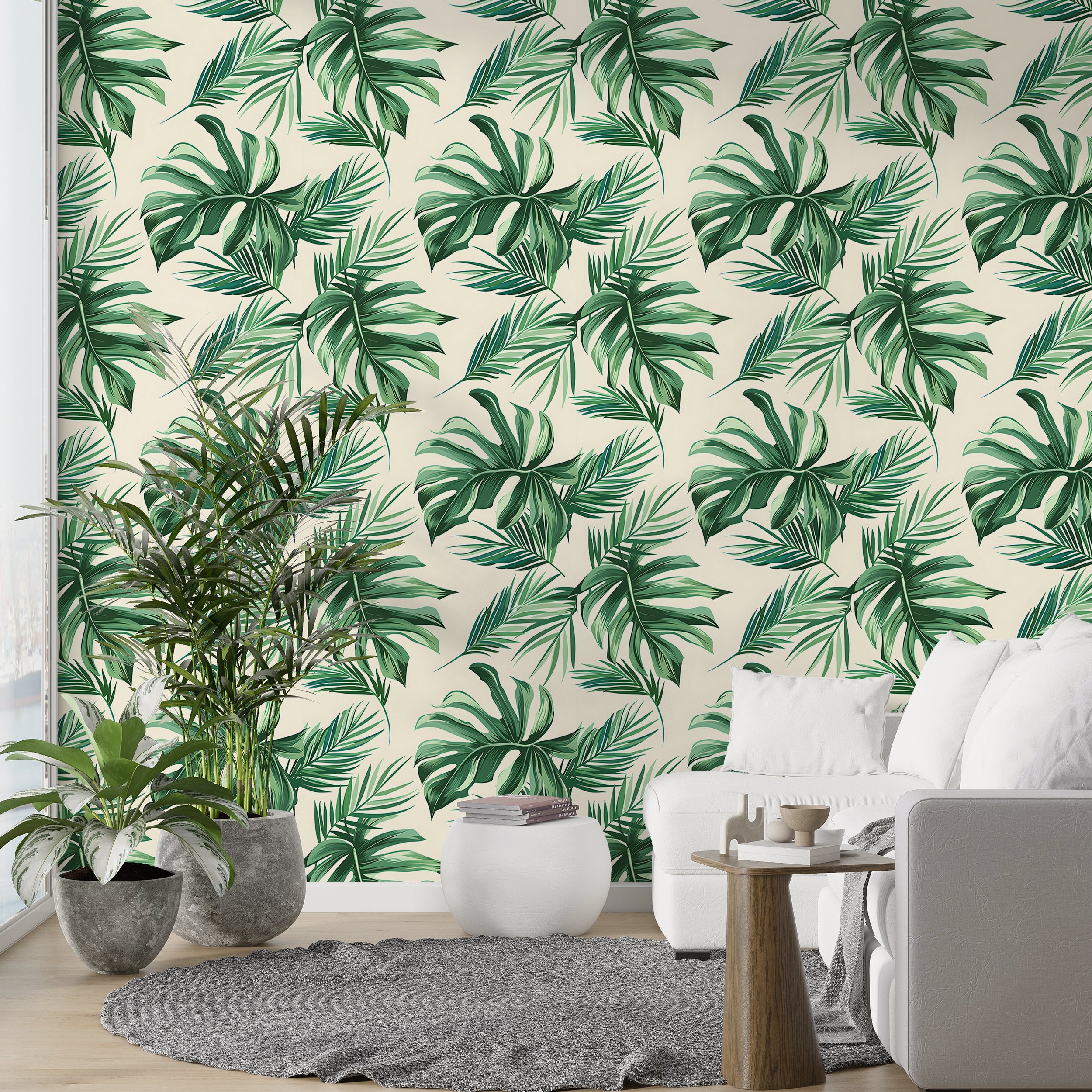 Palm Leaves Wallpaper, Green and Beige Tropical Wall Decal, Peel and Stick Palms Wallpaper, Removable Jungle Floral Wall Decor