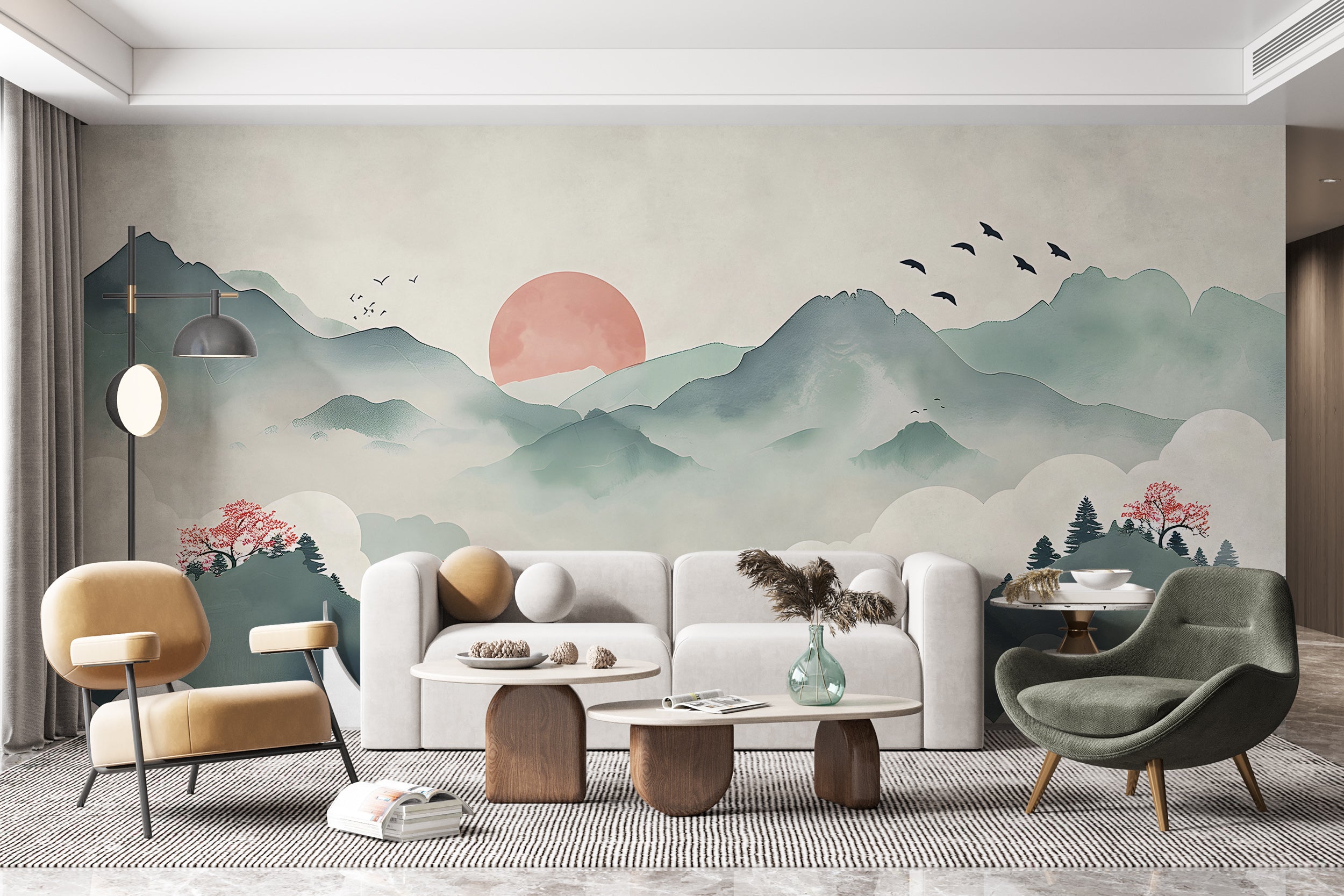 Red Sun Behind Green Mountains Mural, Watercolor Japanese Landscape Wallpaper, Peel and Stick Soft Colors Accent Wall Removable Wall Decal