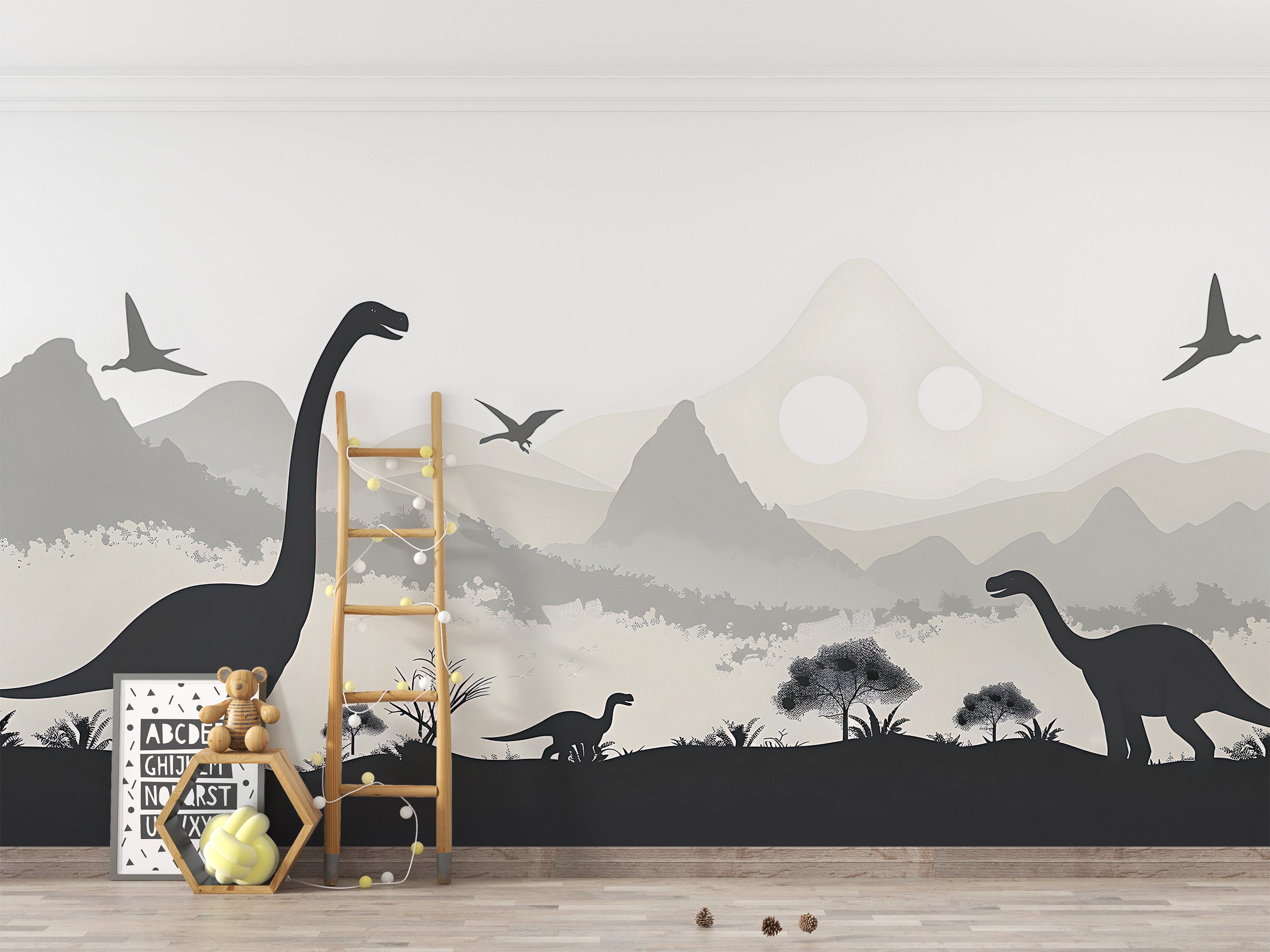 Dinosaurs Nursery Wall Mural, Ancient World Life Wallpaper, Peel and Stick Mountains Grey Playroom Mural, Custom Size Removable Decal