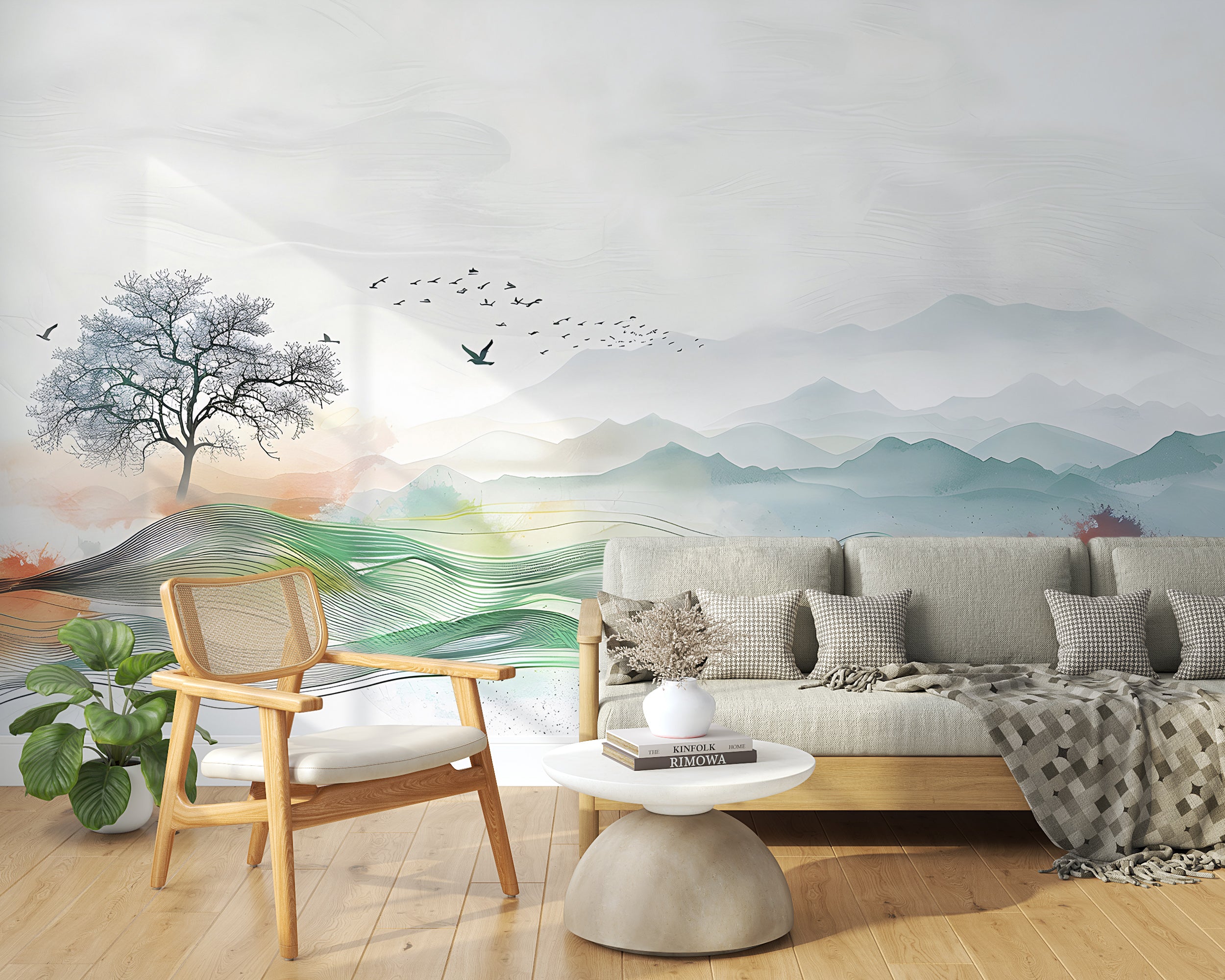 Abstract Landscape Wall Mural, Watercolor Nature Mural, Colorful Landscape Tree and Birds Wallpaper, Peel and Stick Minimalistic Wall Art