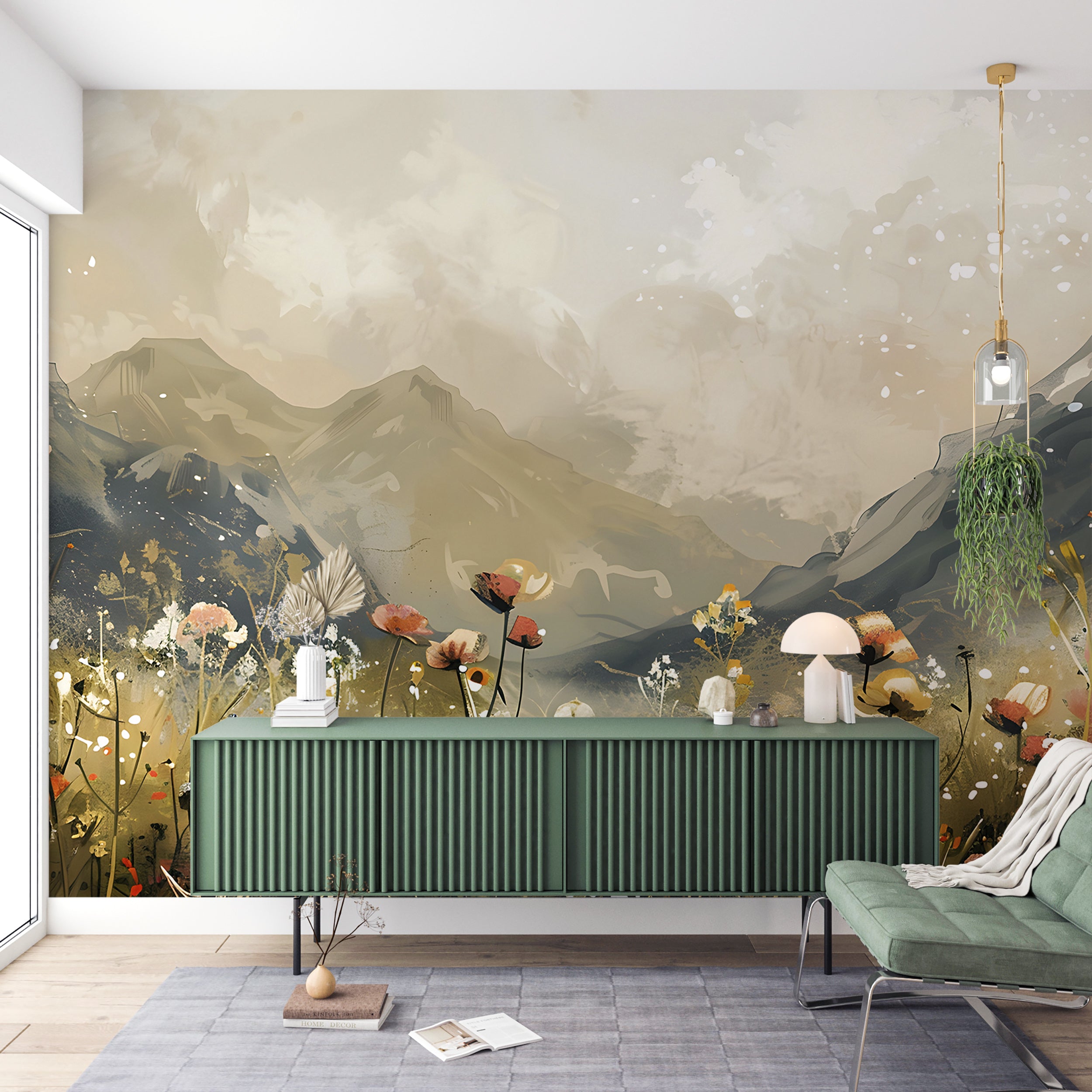 Watercolor Flower Field Mural, Peel and Stick Mountain Landscape Wallpaper, Meadow Flowers Mural, Pastel Colors Nature Wall Decor