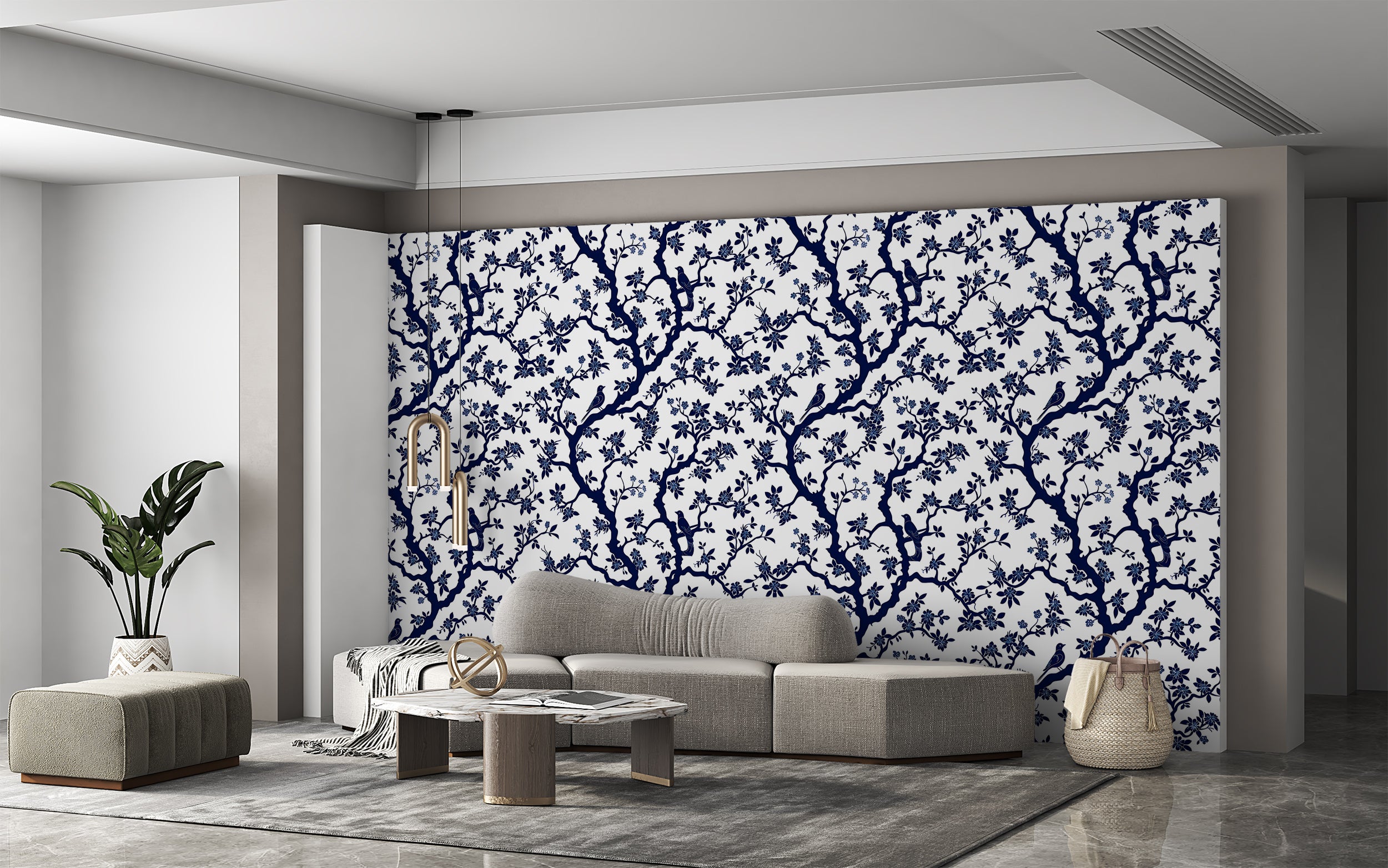 Blue and White Chinoiserie Wallpaper, French Style Floral Wall Decor, Peel and Stick Blue Botanical Wallpaper, Removable Flowers & Birds